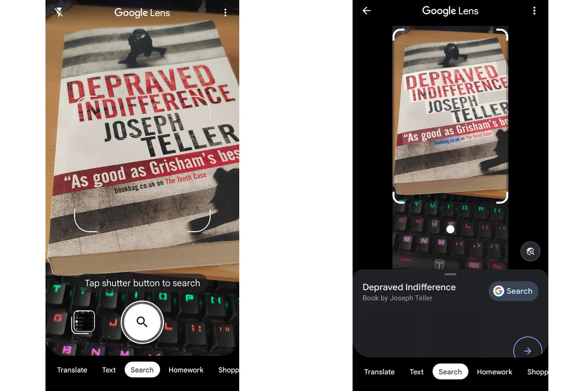 اپ گوگل لنز در حال اسکن کاور یک کتاب انگلیسی زبان و نشان دادن نتیجه