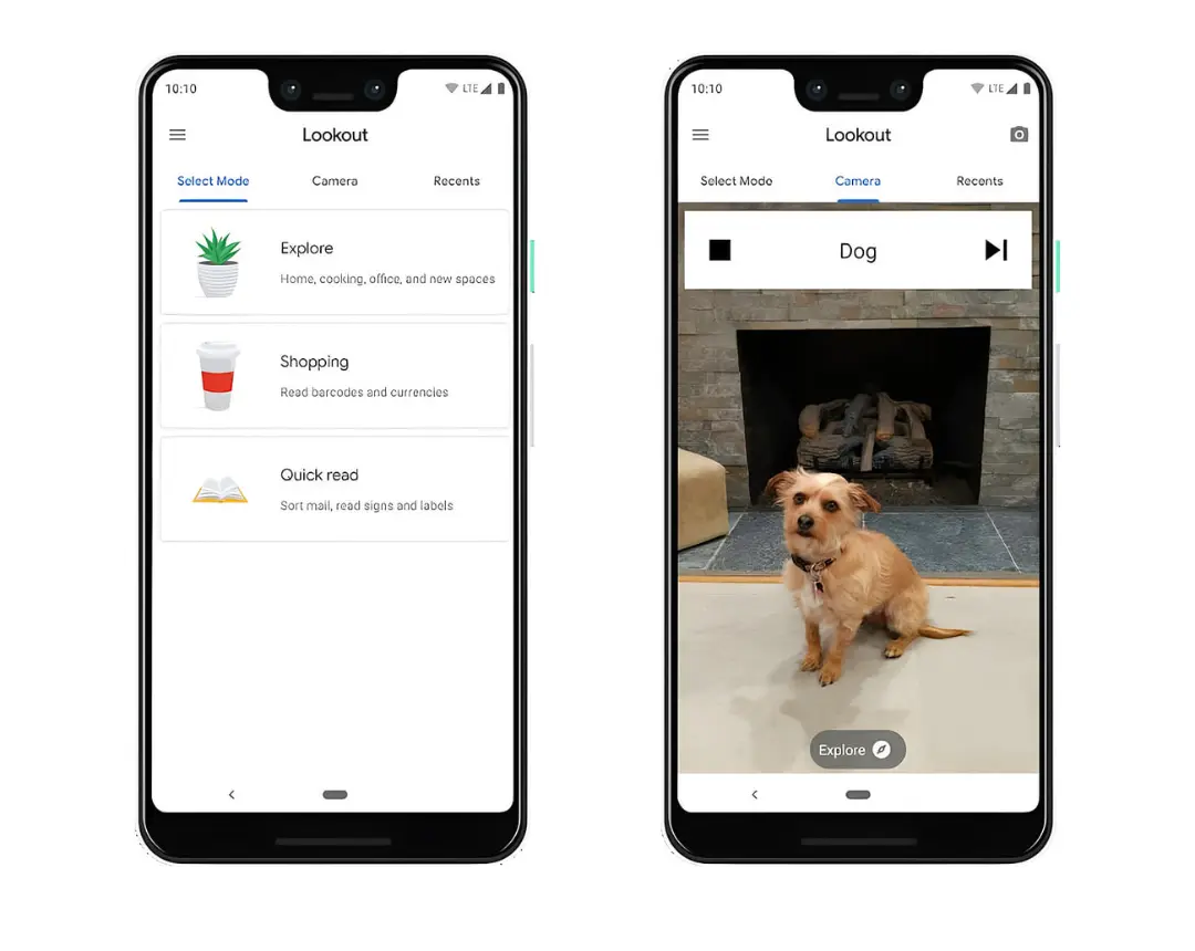اپلیکیشن گوگل لوک‌اوت (Google Lookout) در حال شناسایی یک سگ در محیط خانه
