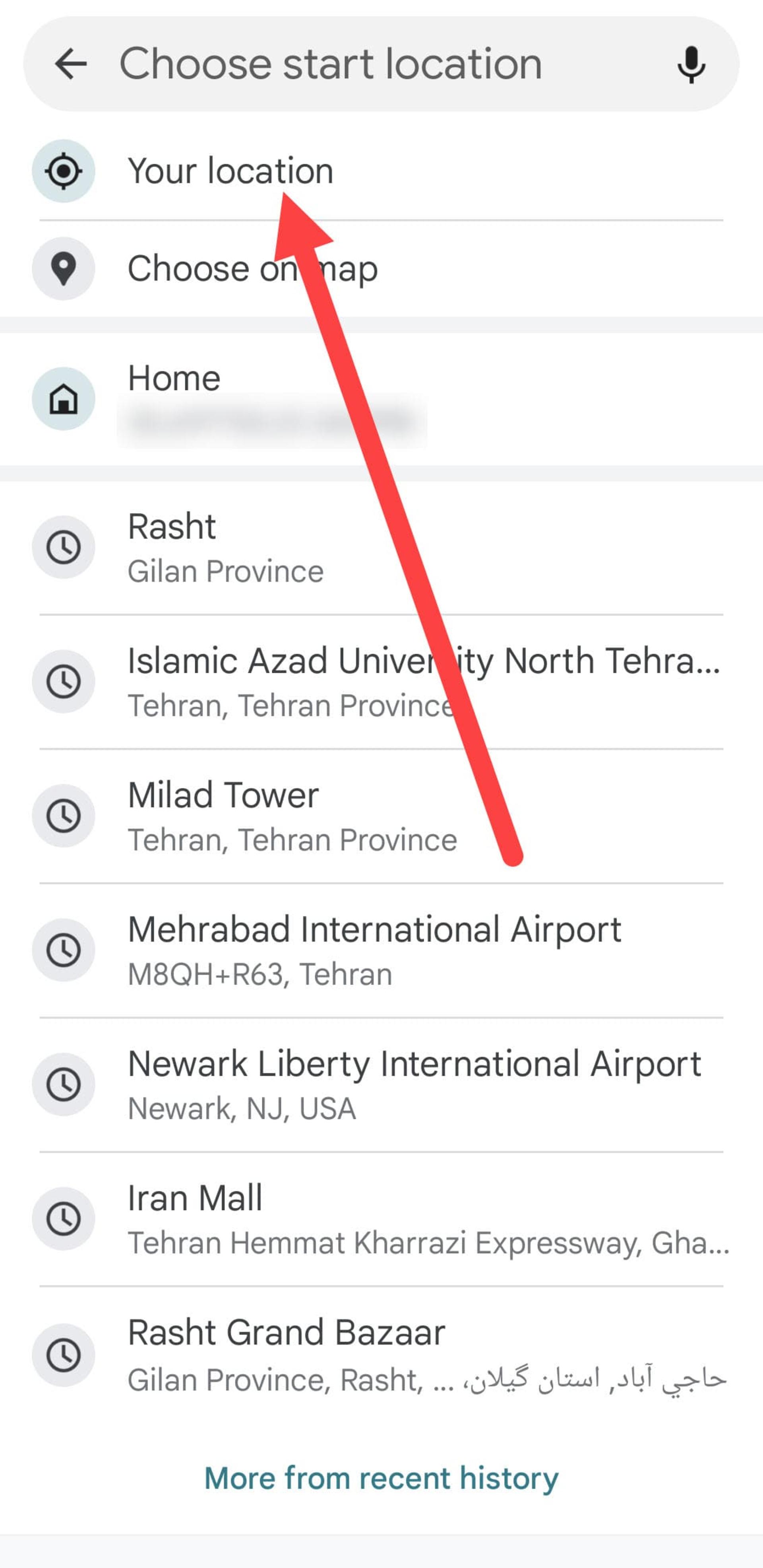 انتخاب مبدا در مسیریابی گوگل مپ