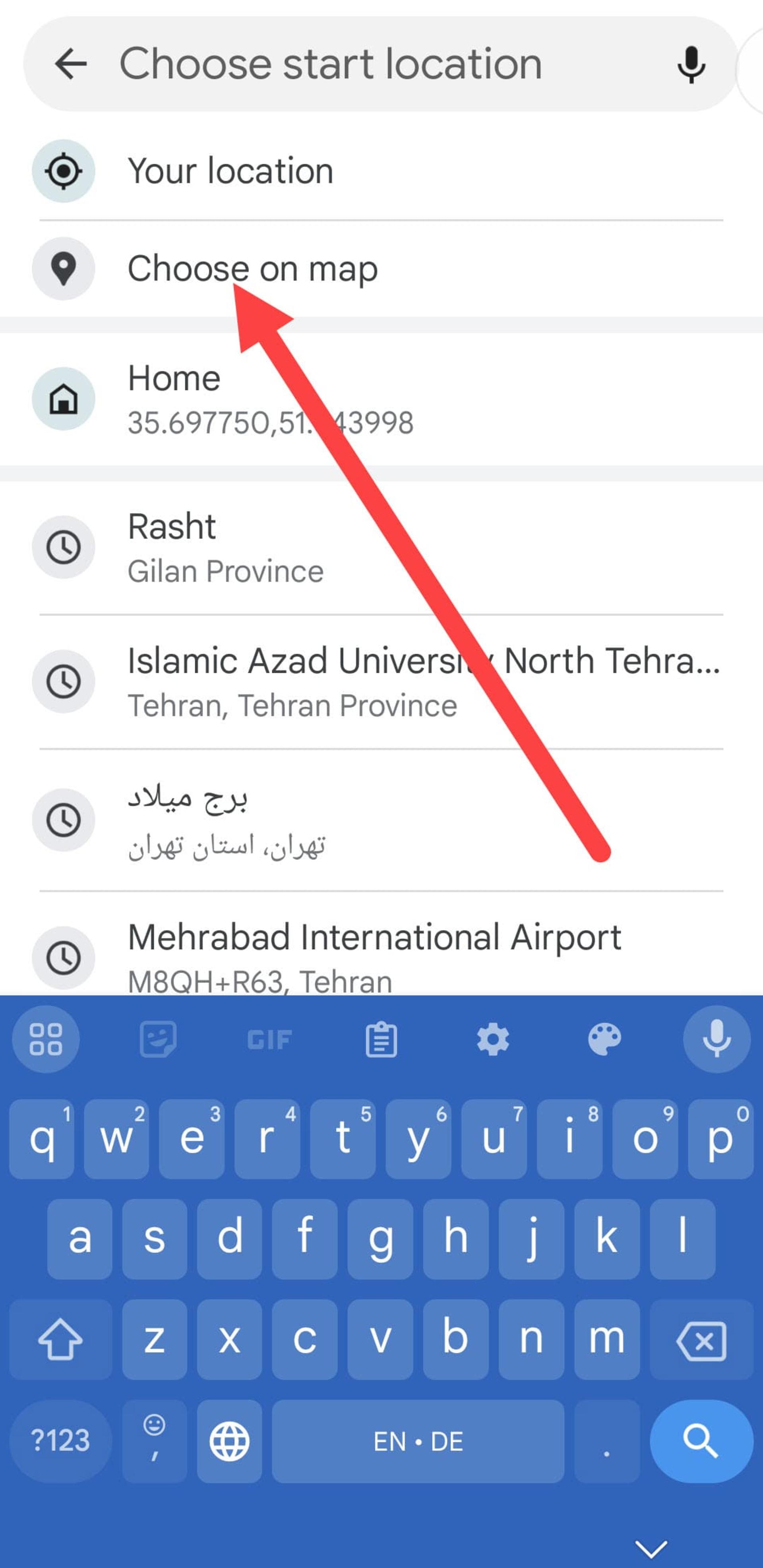 انتخاب مبدا دستی در گوگل مپس