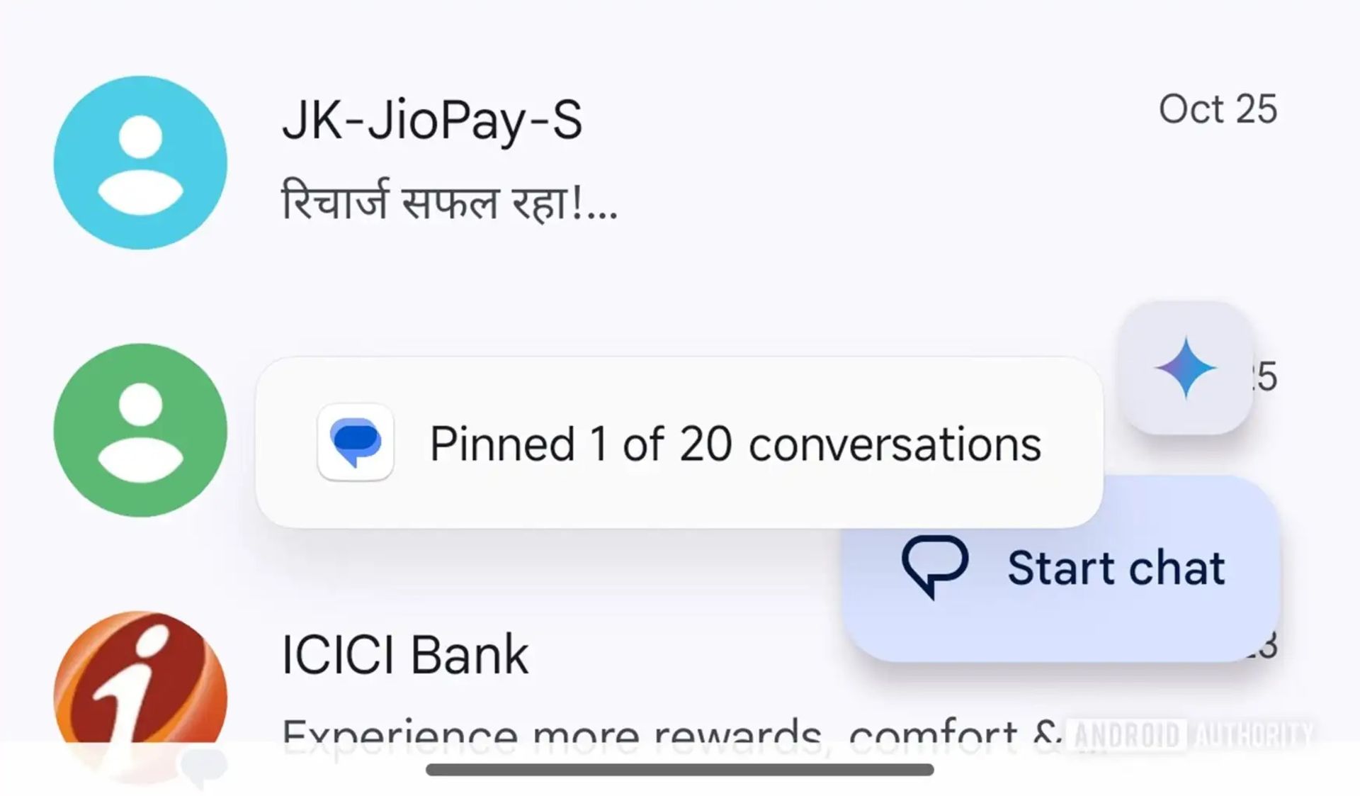 پیام پین‌شدن ۲۰ چت در پیام‌رسان پیش‌فرض اندروید