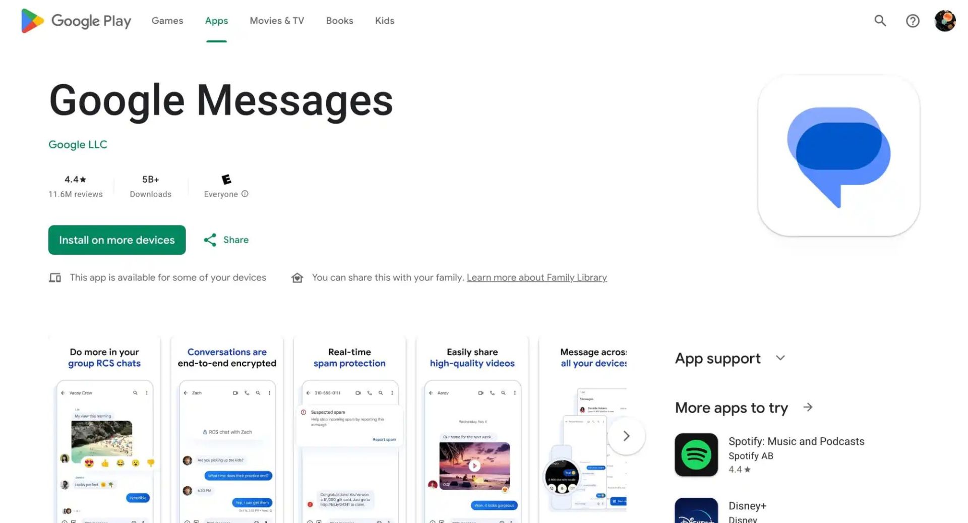 صفحه برنامه google messages در گوگل پلی