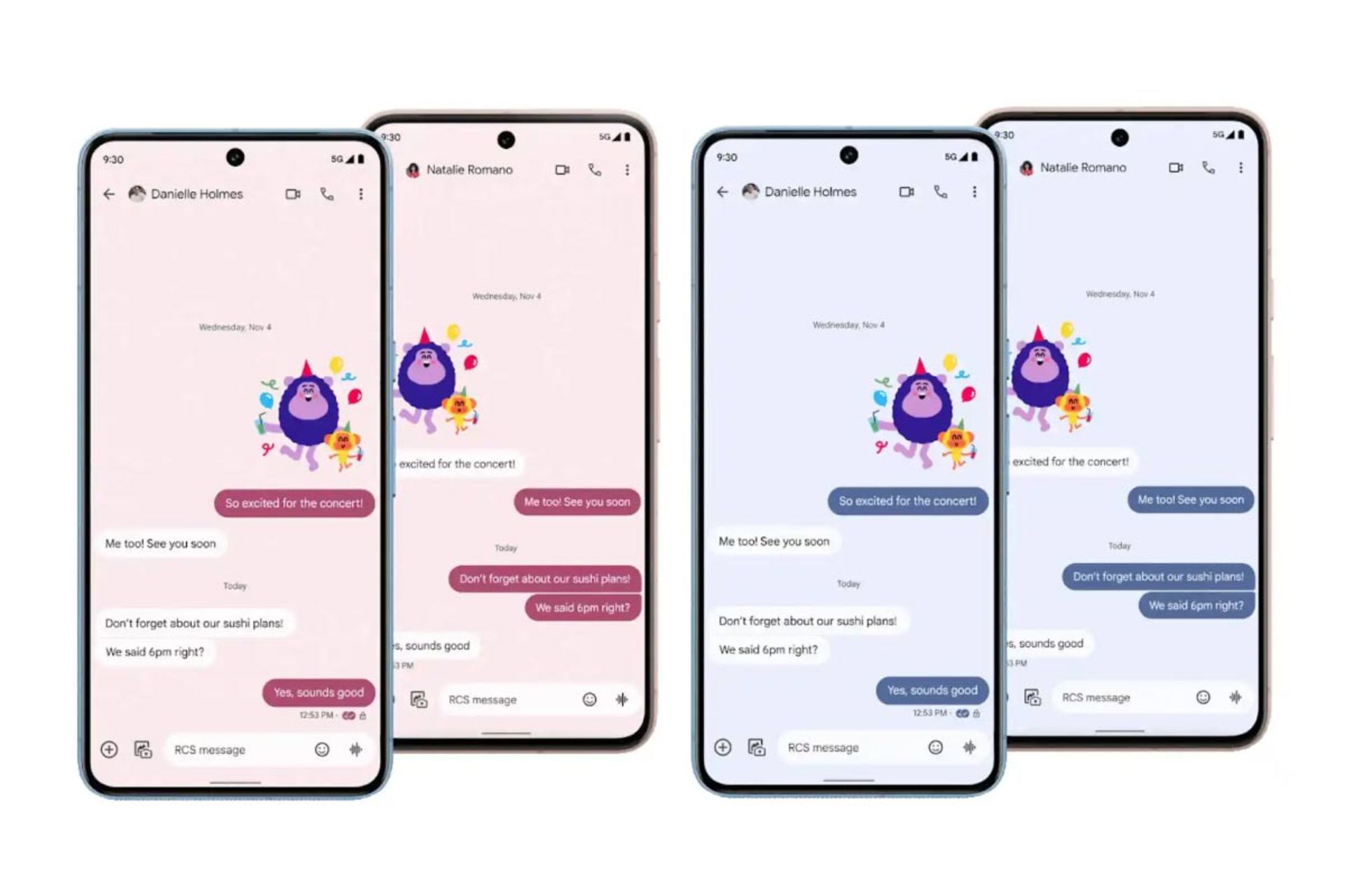 رنگ سفارشی حباب‌های مکالمه در اپلیکیشن گوگل مسیجز در دو رنگ آبی و صورتی