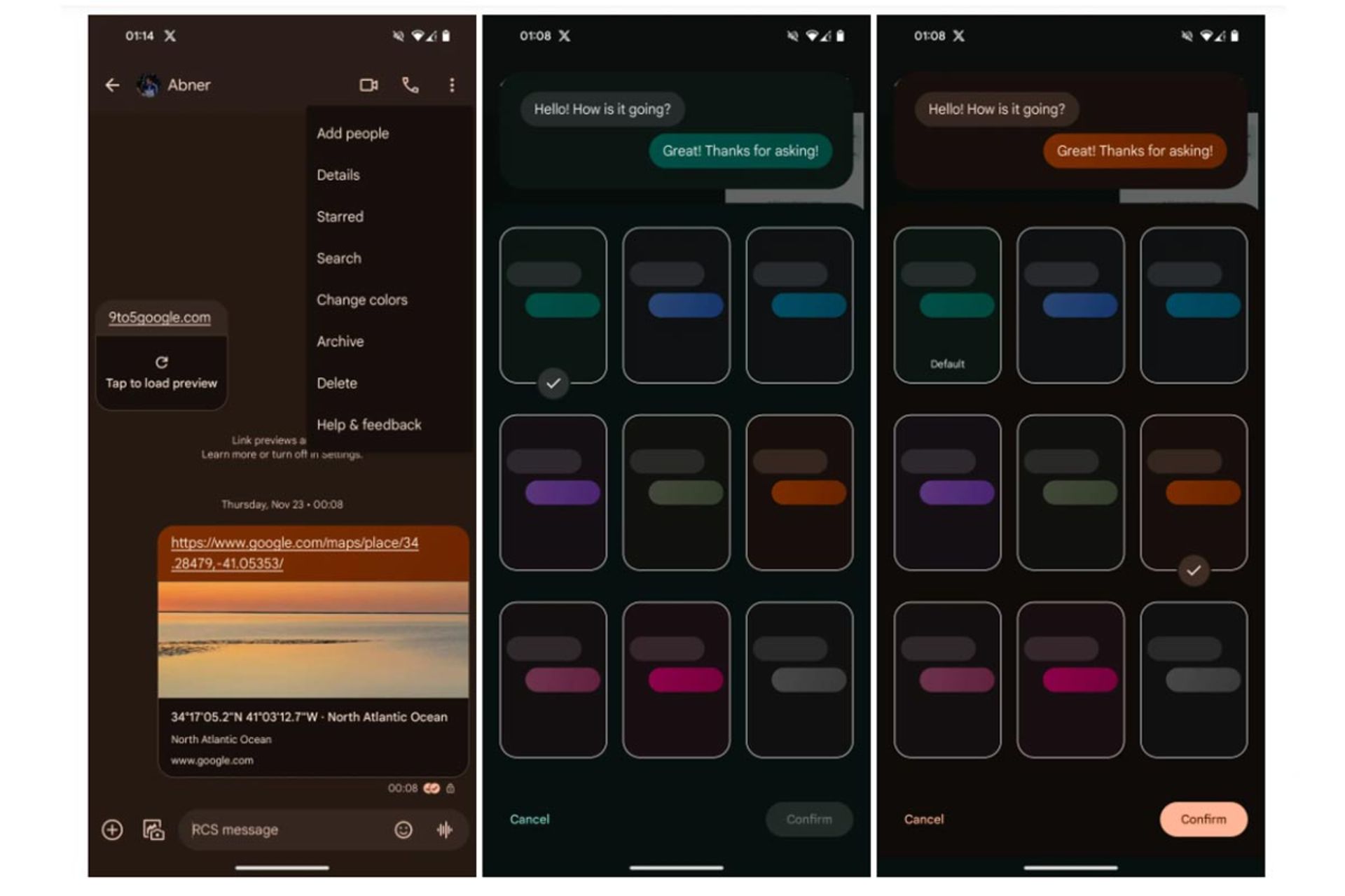تست و تایید رنگ سفارشی حباب‌های مکالمه در اپلیکیشن گوگل مسیجز