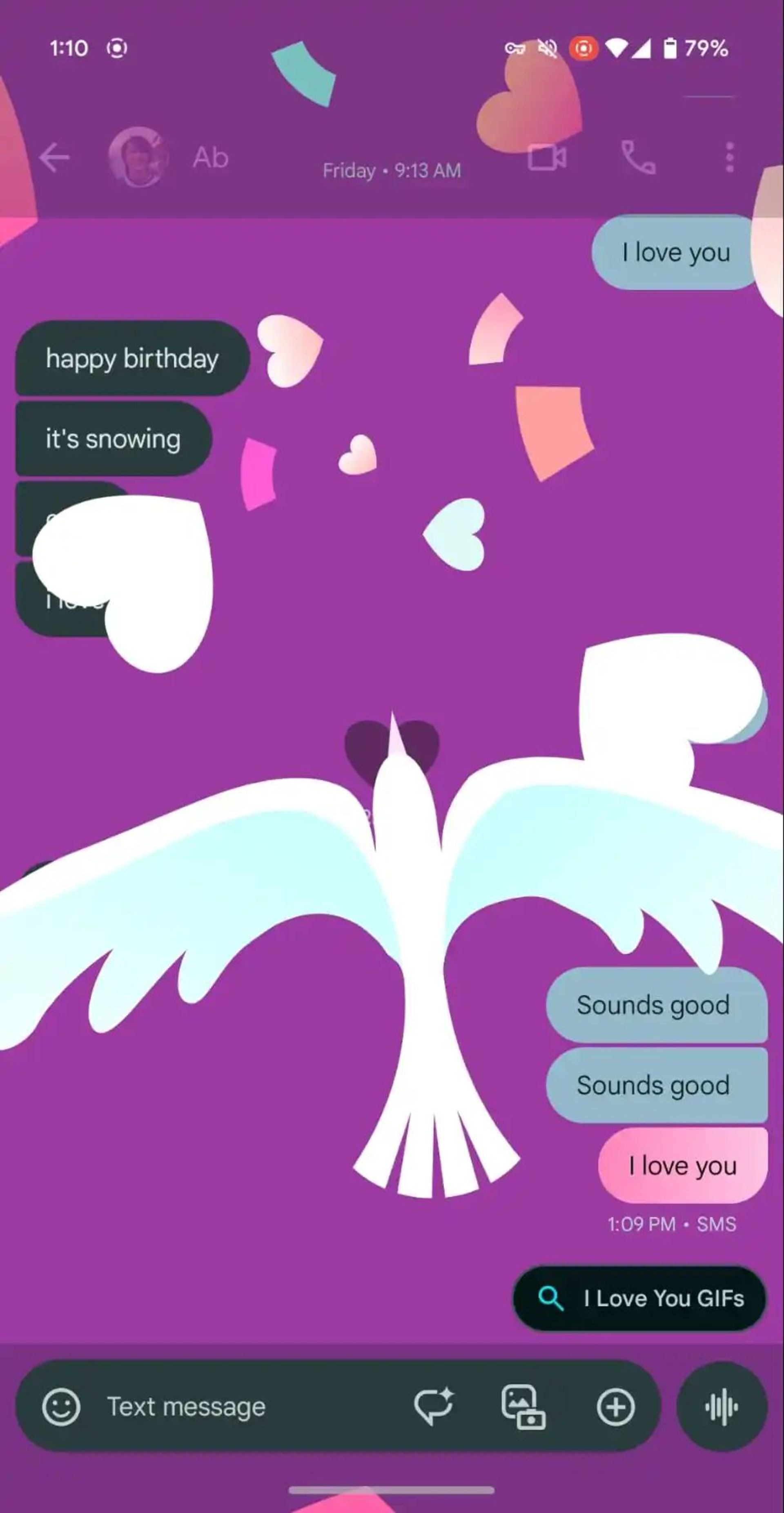 انیمیشن قلب و کبوتر قابلیت Screen Effects در برنامه google messages
