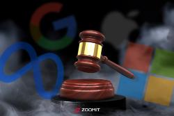لوگوی مایکروسافت اپل گوگل و متا در کنار چکش دادگاه
