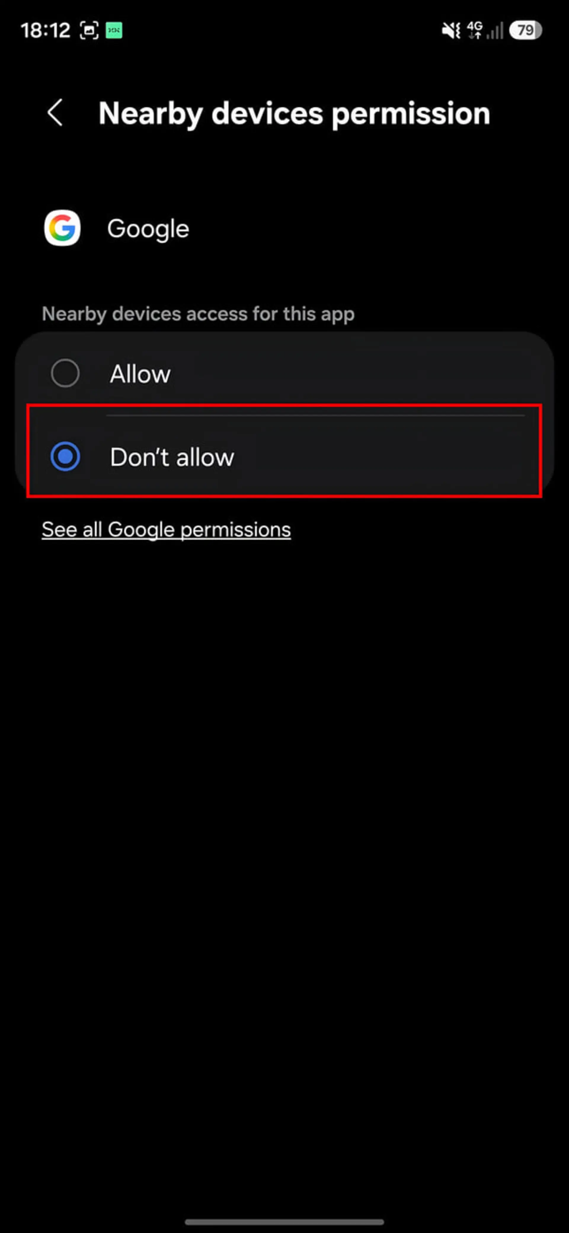 تنظیمات دسترسی Nearby devices در اپلیکیشن گوگل (Google) با گزینه Don't allow انتخاب شده است