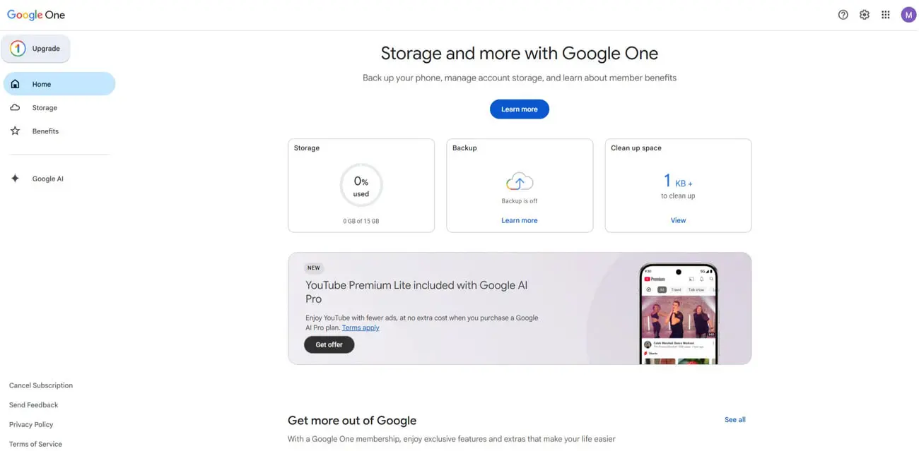پنل مدیریت فضای ذخیره‌سازی گوگل وان (Google One) با نمایش میزان استفاده از حافظه