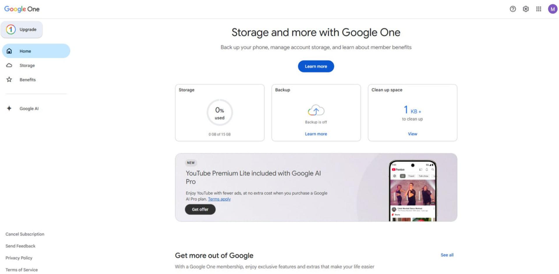 پنل مدیریت فضای ذخیرهسازی گوگل وان (Google One) با نمایش میزان استفاده از حافظه