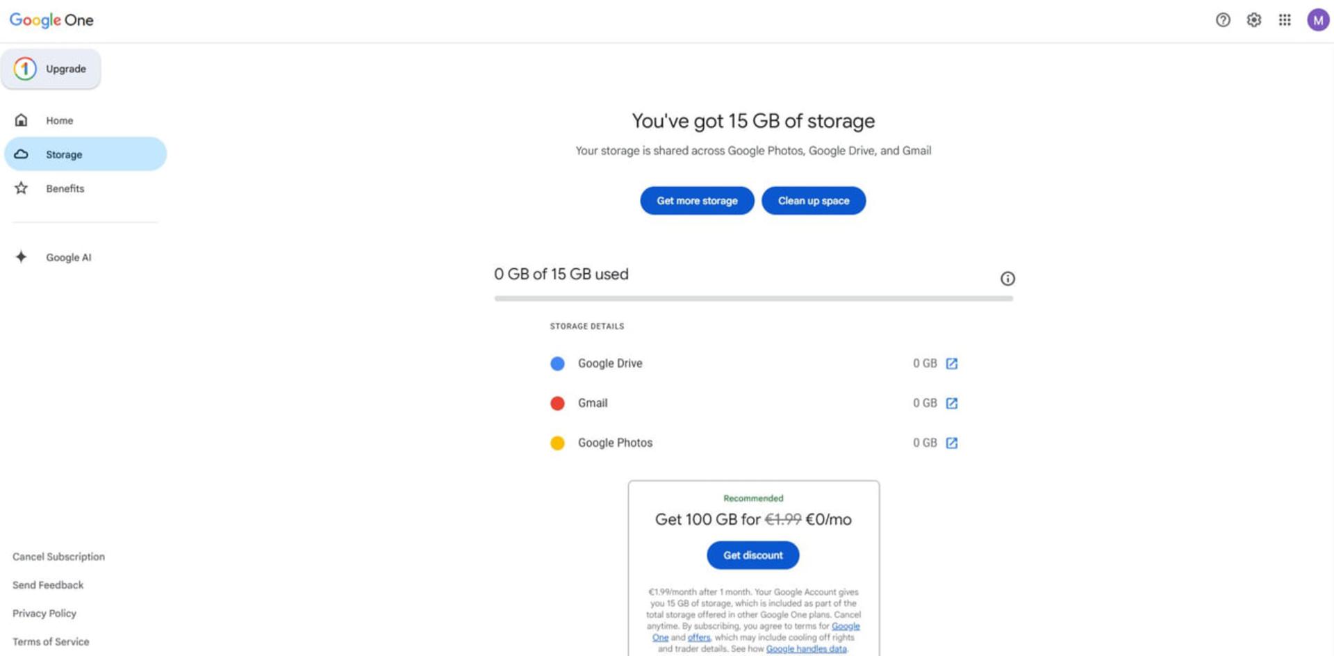 پنل مدیریت فضای ذخیرهسازی گوگل وان (Google One) و میزان استفاده از ۱۵ گیگابایت حافظه