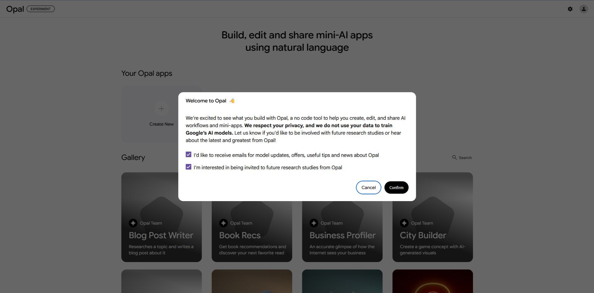صفحه خوش‌آمدگویی پلتفرم گوگل Opal 