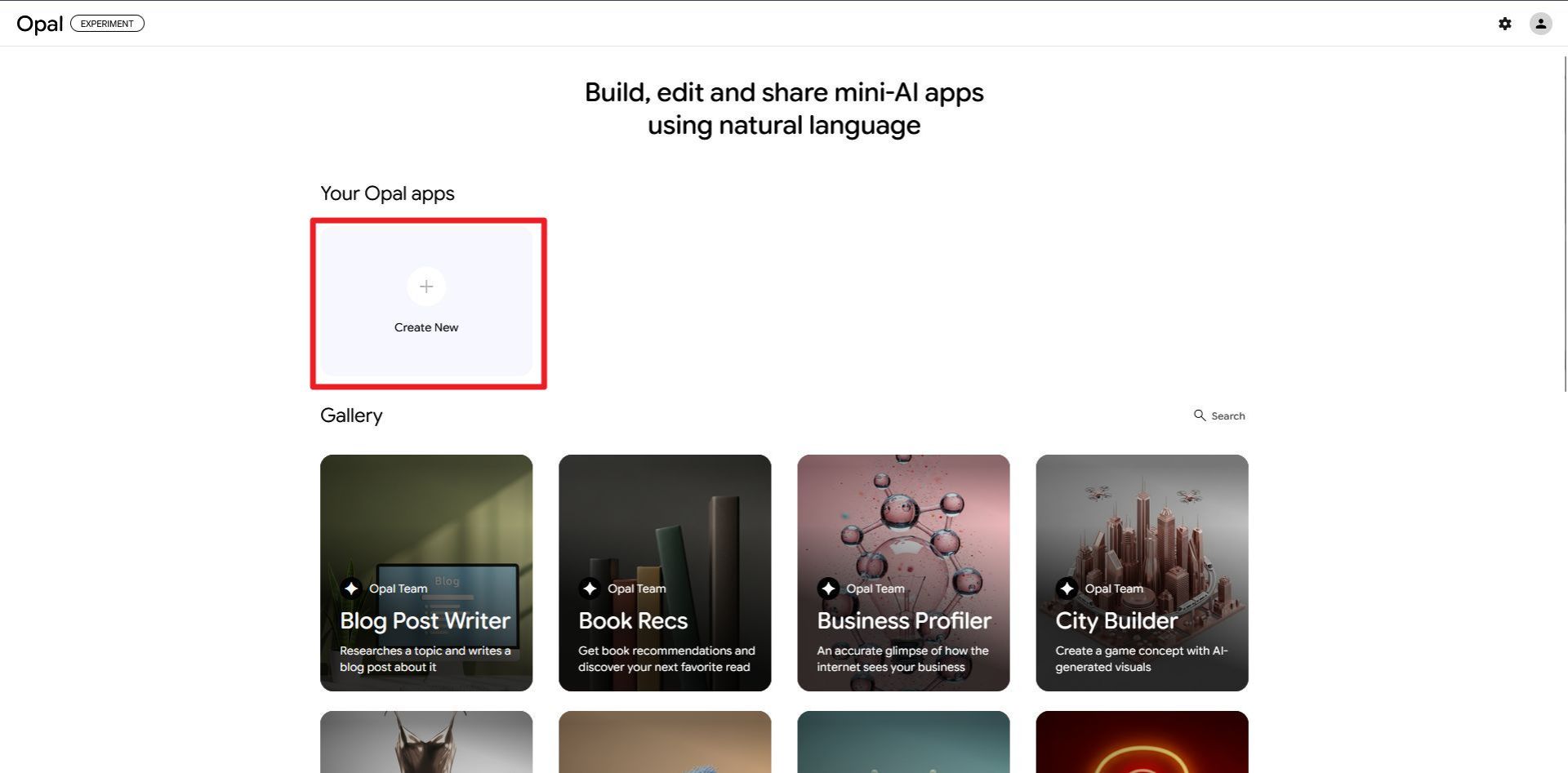 داشبورد پلتفرم گوگل اوپال با دکمه برجسته ایجاد اپ