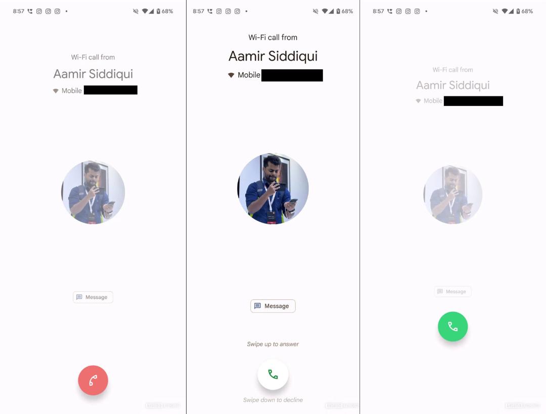 سه‌اسکرین از رابط کاربری قدیمی پاسخ به تماس در Google Phone