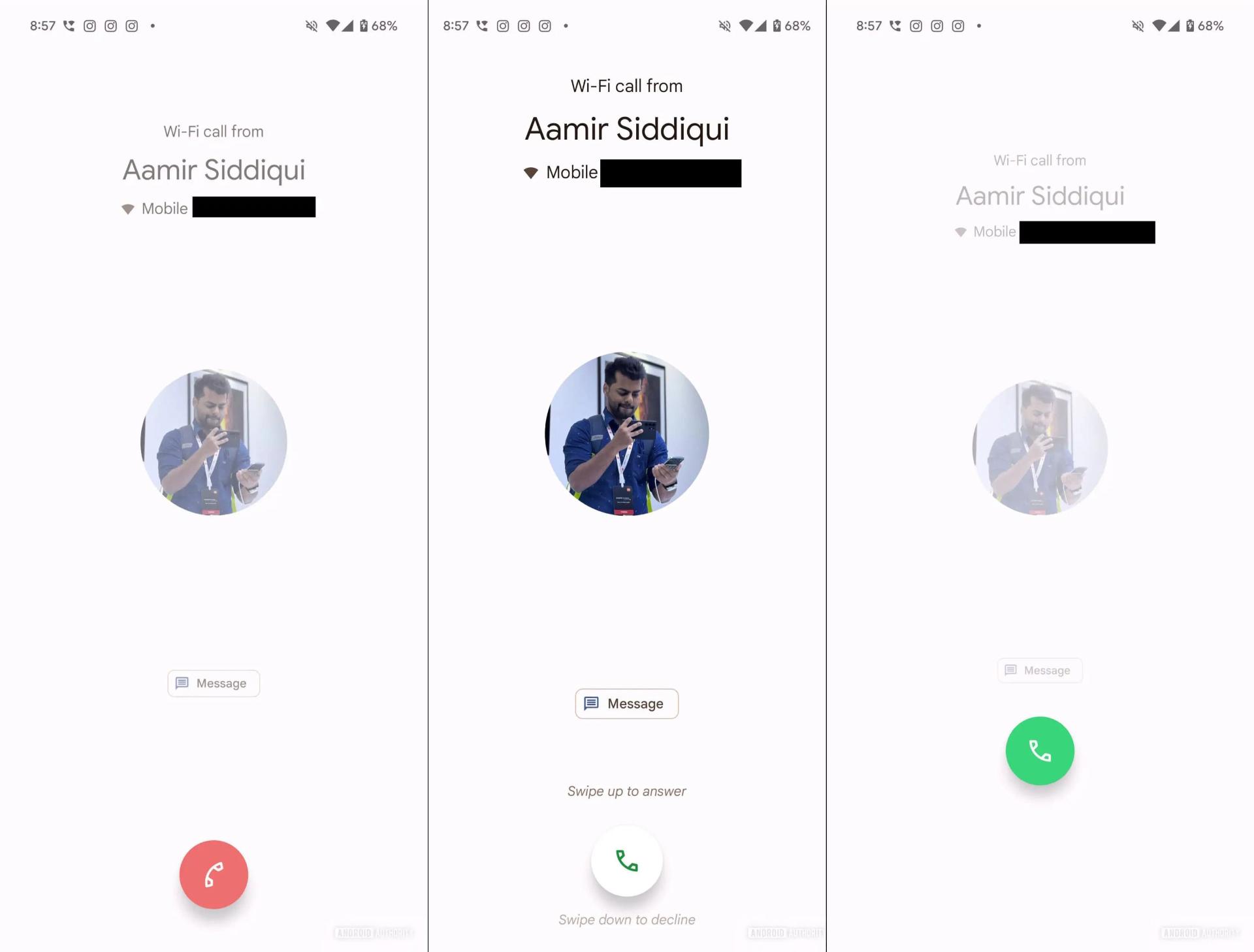 سه‌اسکرین از رابط کاربری قدیمی پاسخ به تماس در Google Phone