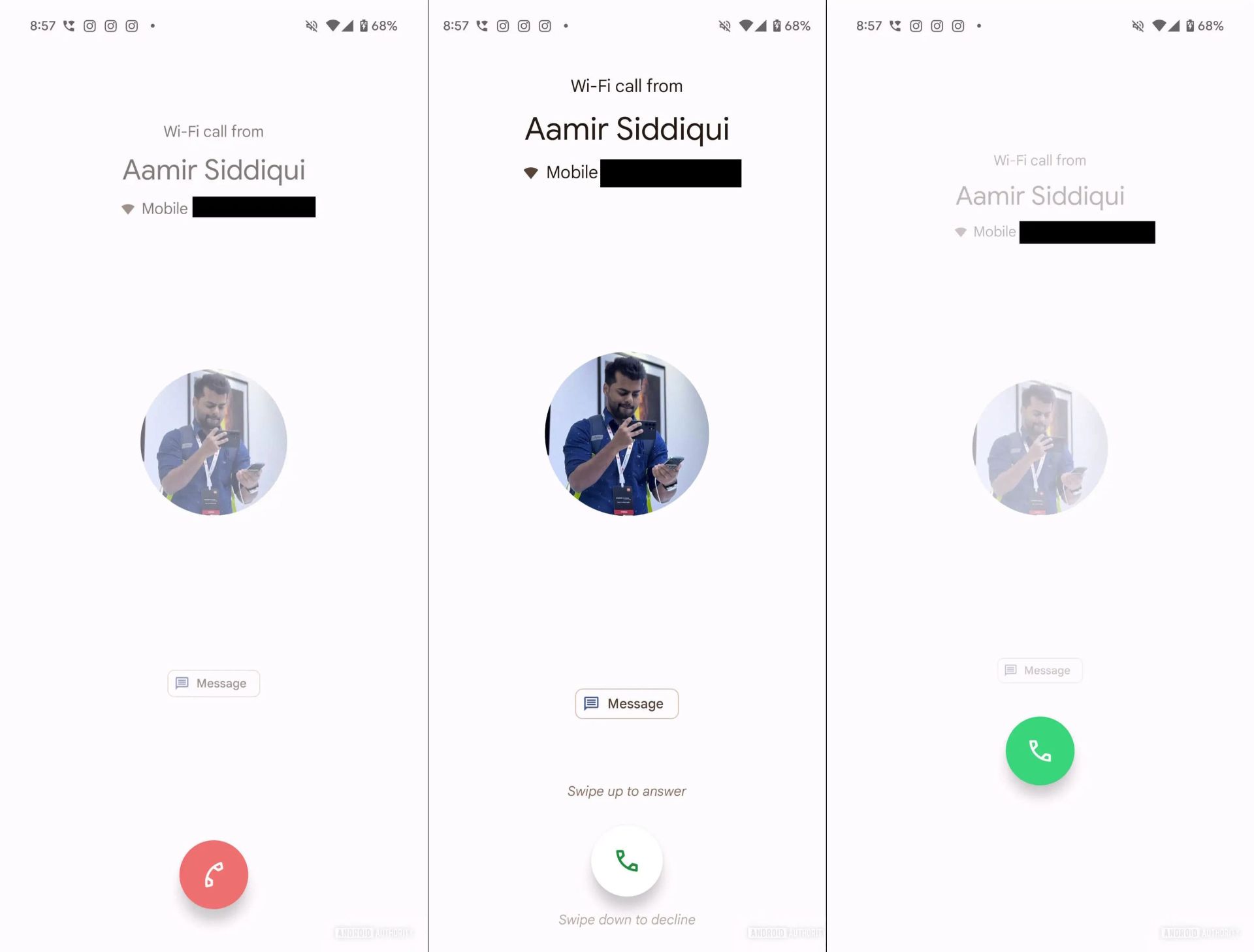 سه‌اسکرین از رابط کاربری قدیمی پاسخ به تماس در Google Phone