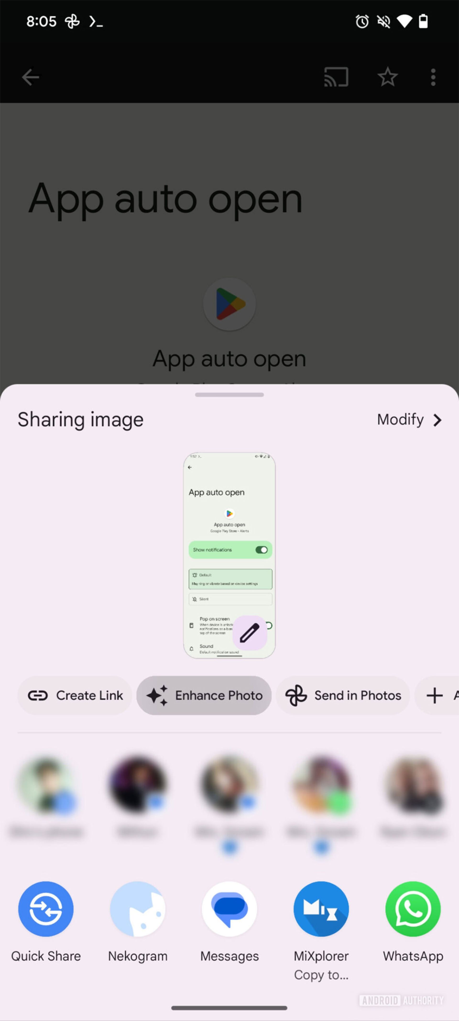 اسکرین‌شات از گزینه‌ی Enhance Photo در منوی اشتراک‌گذاری اپلیکیشن گوگل فوتوز