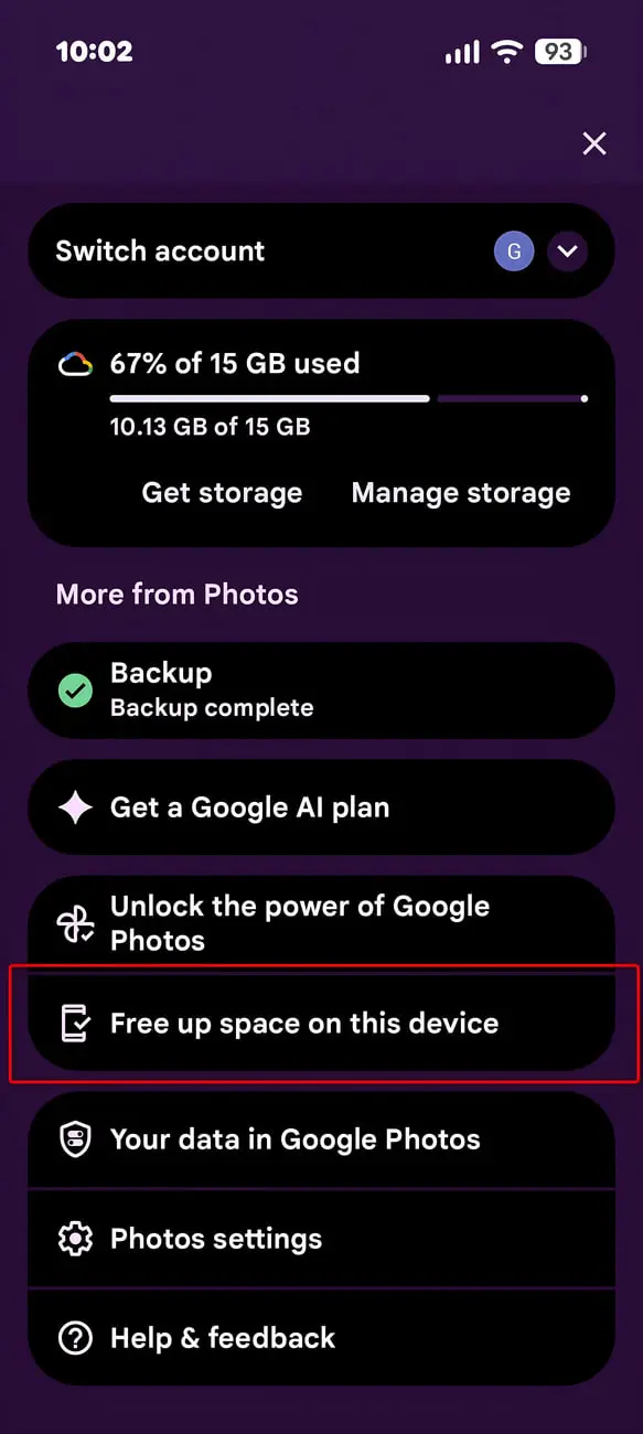 منوی تنظیمات گوگل فوتوز (Google Photos) با گزینه آزادسازی فضای دستگاه