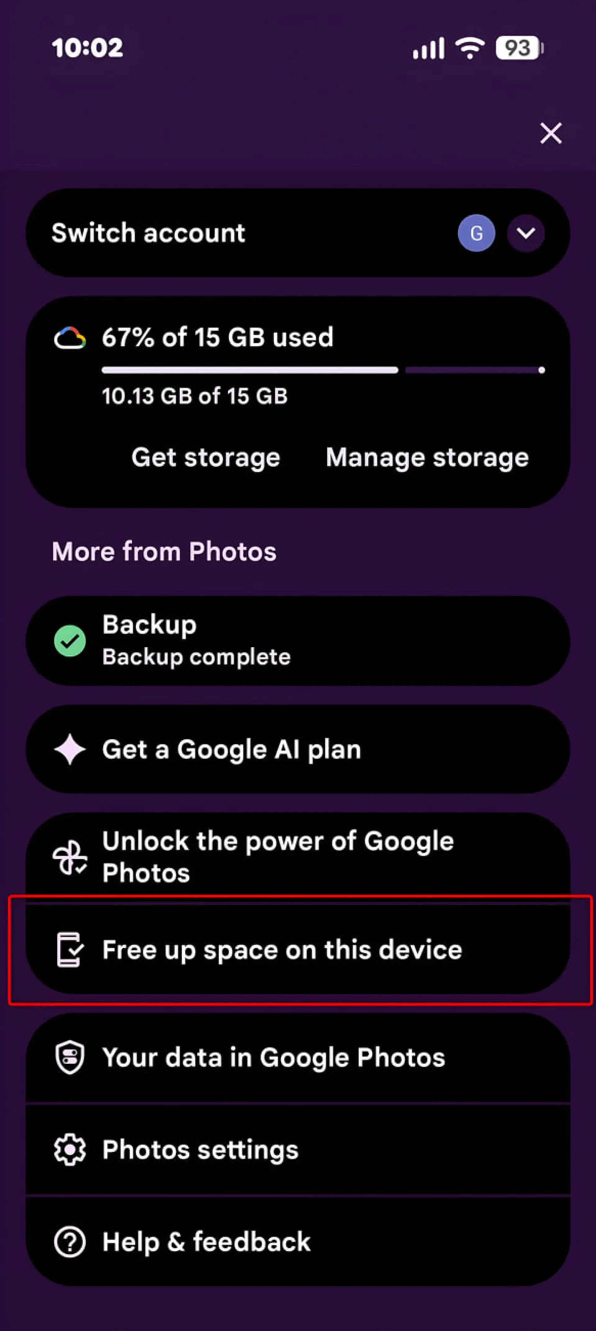 منوی تنظیمات گوگل فوتوز (Google Photos) با گزینه آزادسازی فضای دستگاه