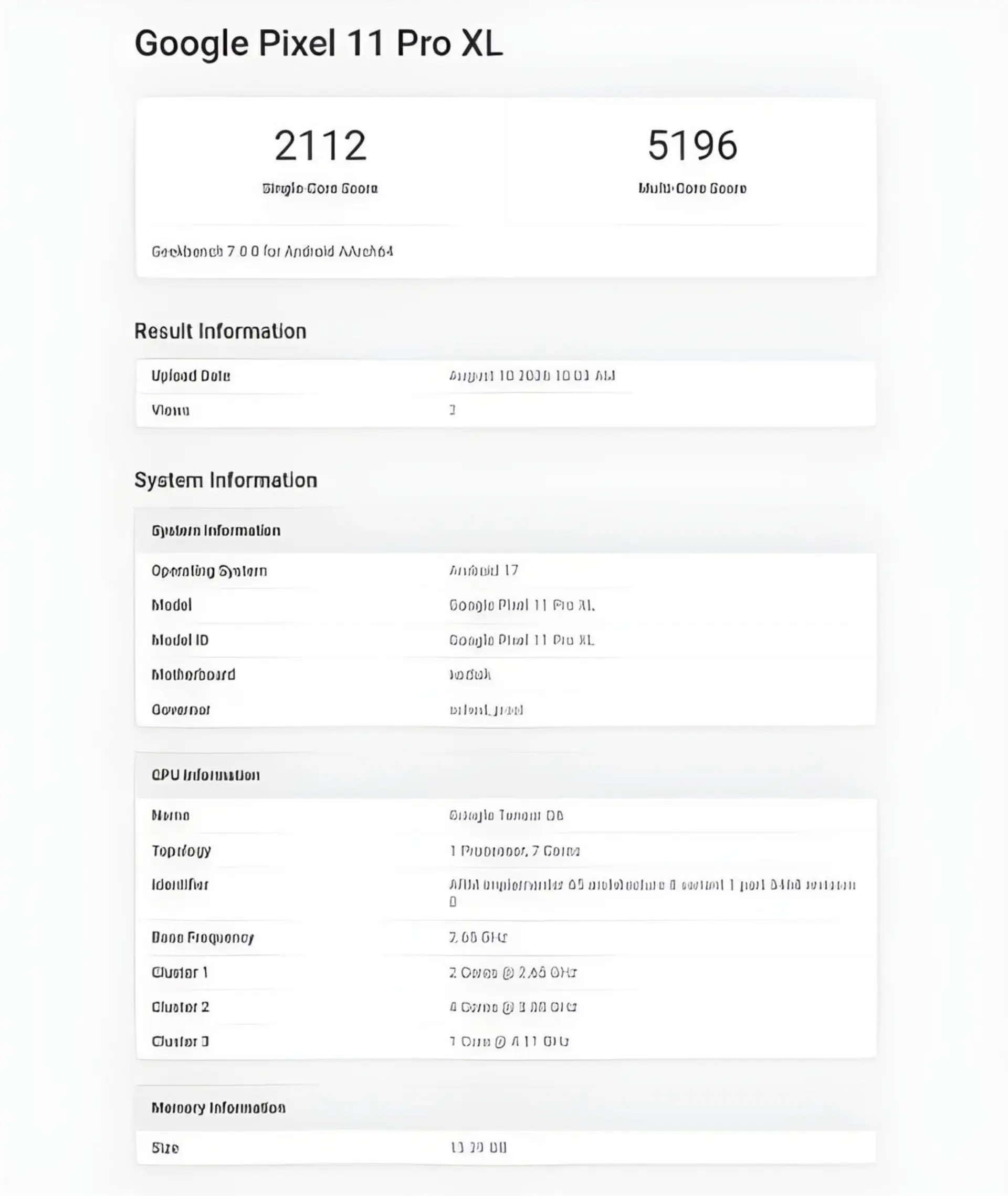 نتایج بنچمارک Geekbench برای گوشی گوگل پیکسل ۱۱ پرو ایکس‌ال