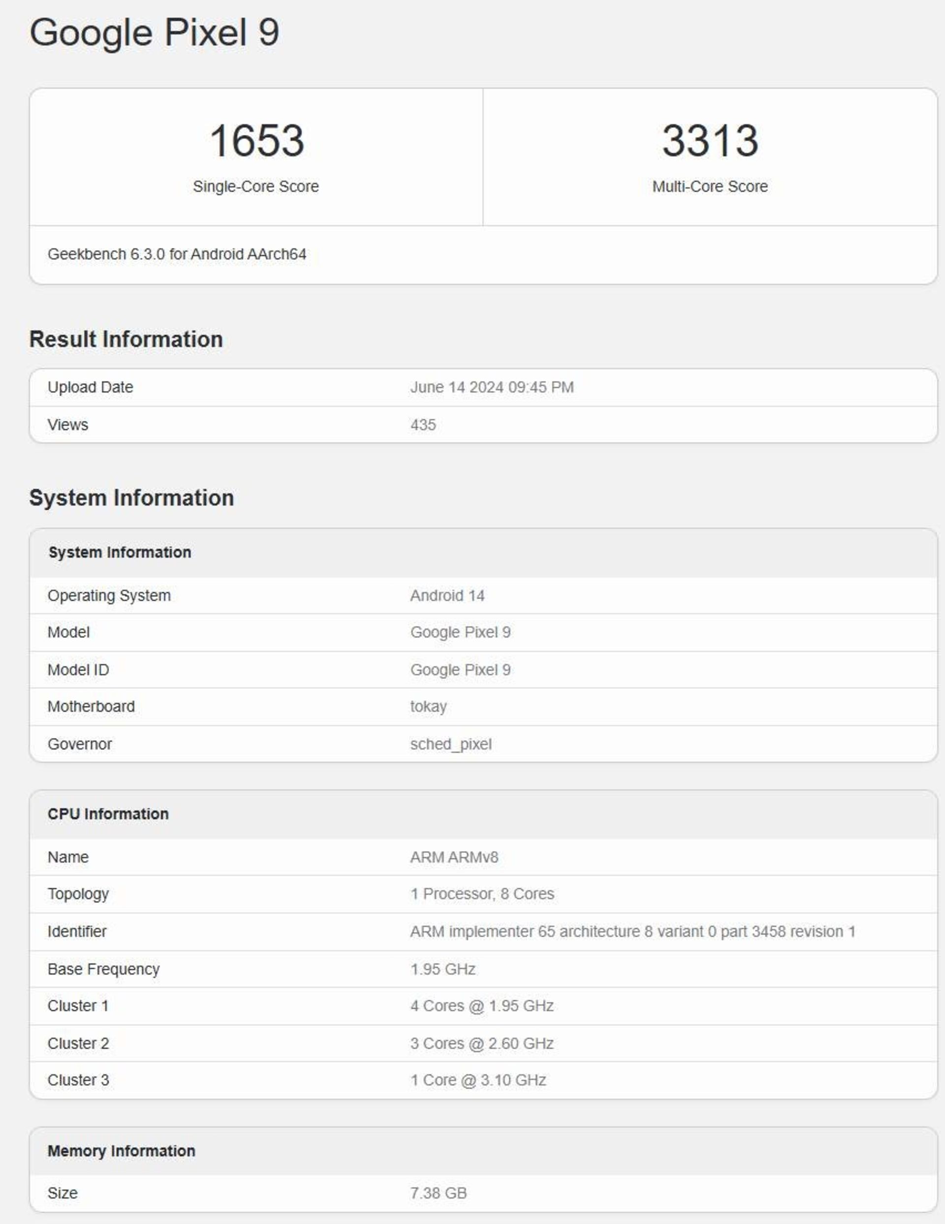 امتیاز بنچمارک Geekbench گوشی پیکسل 9 