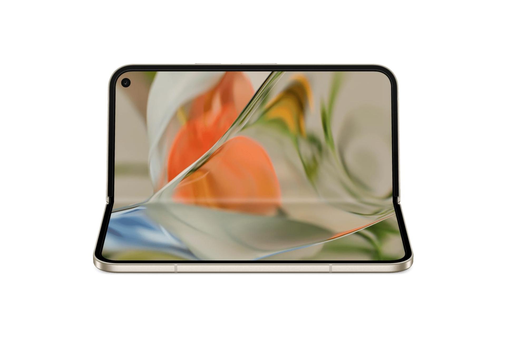 نمایشگر داخلی گوشی موبایل پیکسل 9 پرو فولد گوگل کرم رنگ در حالت تاشده / Google Pixel 9 Pro Fold