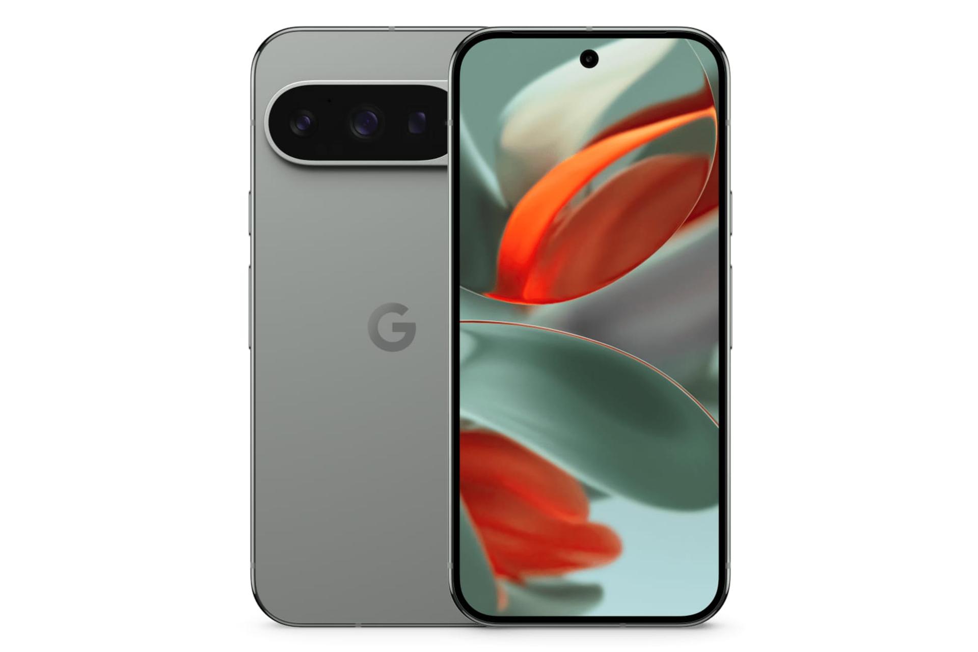 The front and back panel of the Google Pixel 9 Pro mobile phone is gray / Google Pixel 9 Pro