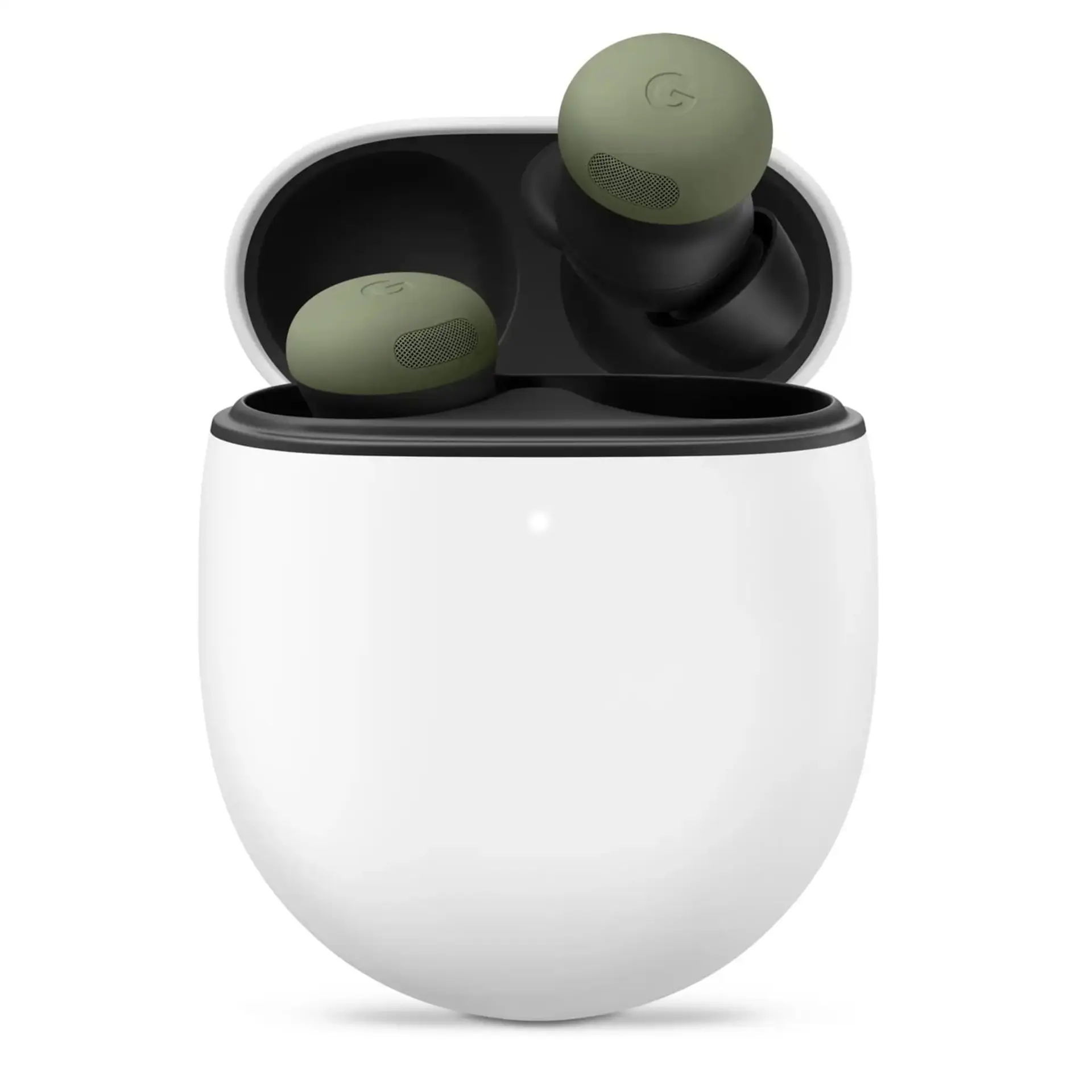 هدفون بیسیم گوگل پیکسل بادز ۲ پرو (Google Pixel Buds Pro 2) با رنگ زیتونی در کیس شارژ سفید