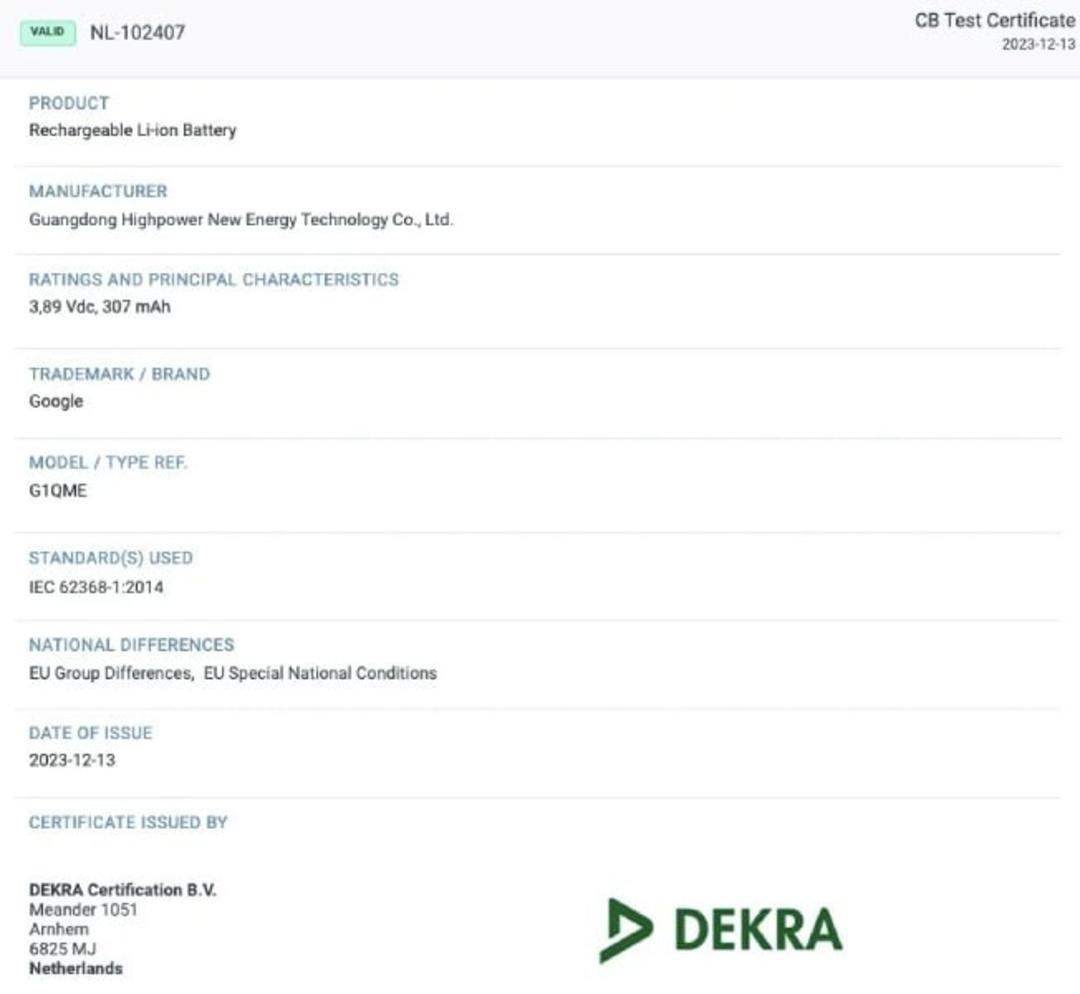 ظرفیت باتری پیکسل واچ ۳ در گواهی رگولاتوری Dekra