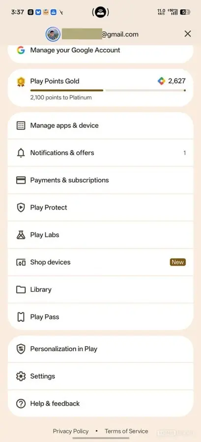 رابط کاربری بخش مدیریت حساب در فروشگاه گوگل پلی (Google Play)