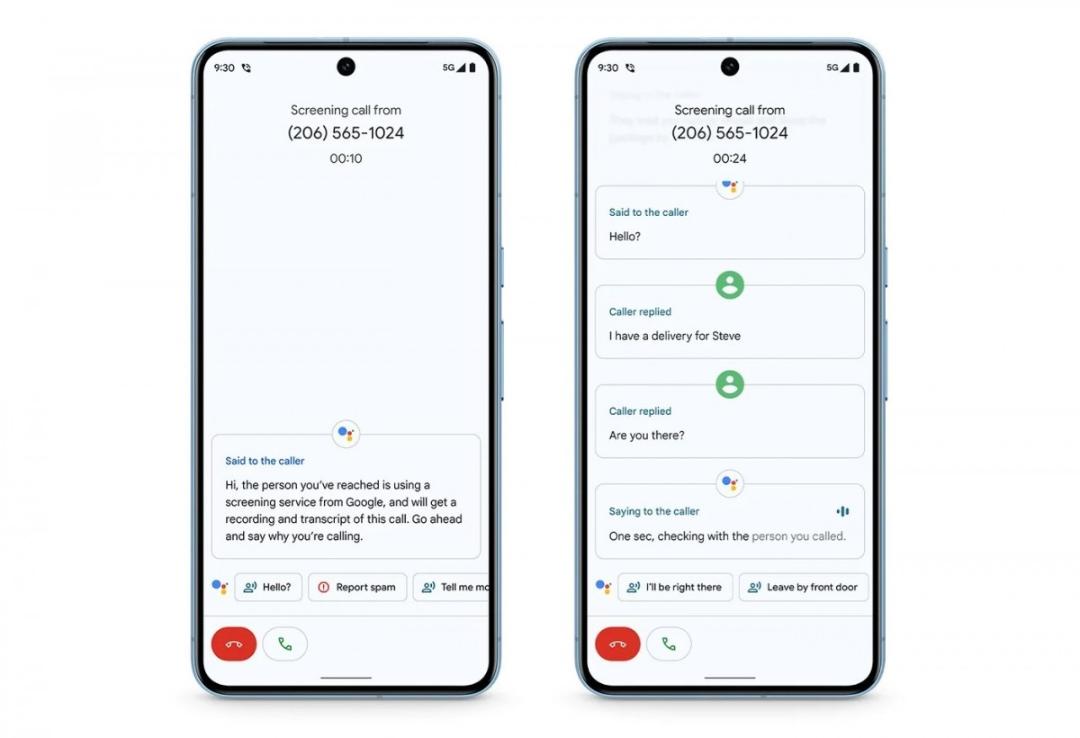 دو گوشی پیکسل از نمای جلو درحال نمایش صفحه‌ی Call Screen