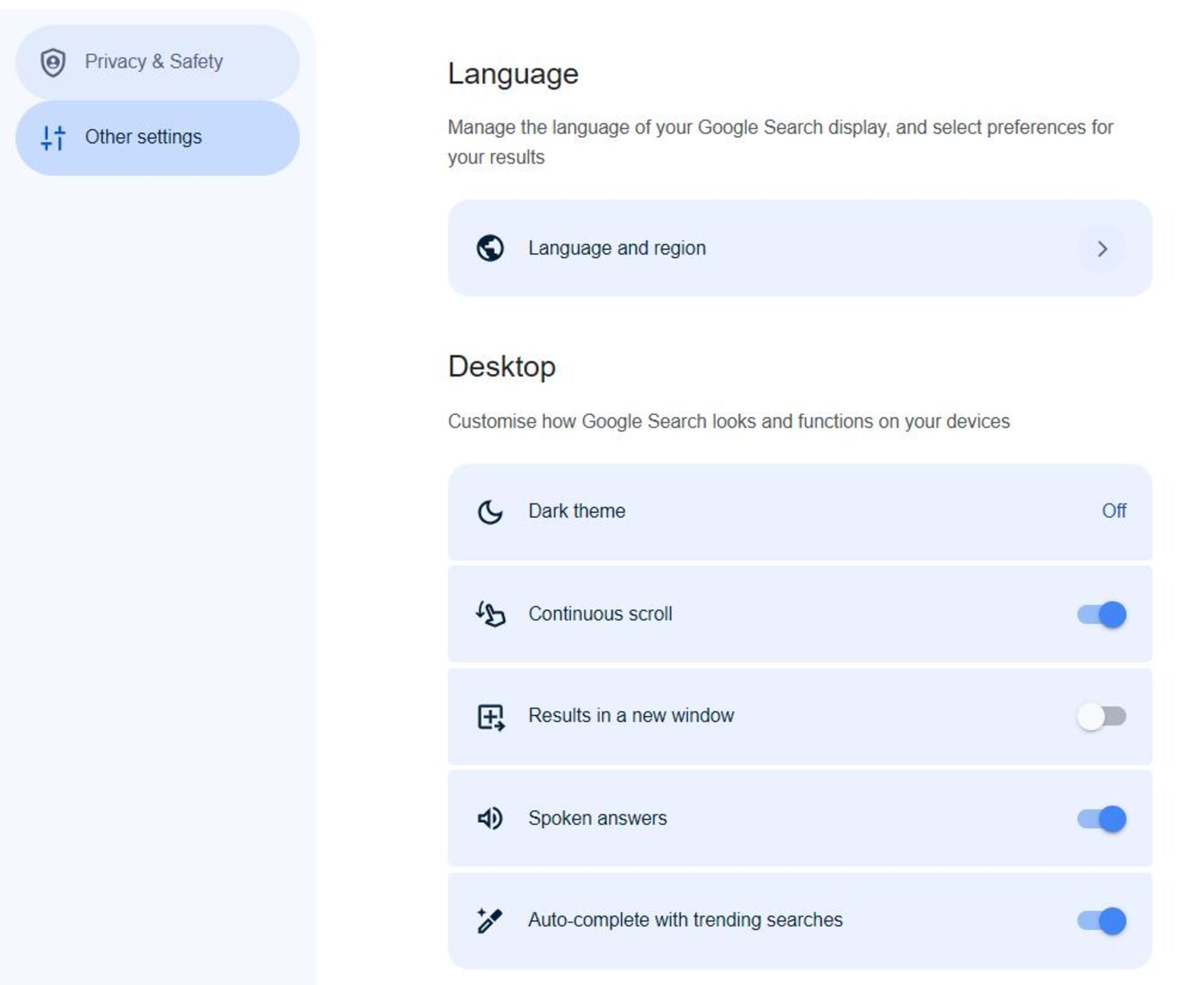 بازطراحی صفحه تنظیمات جستجوی وب گوگل