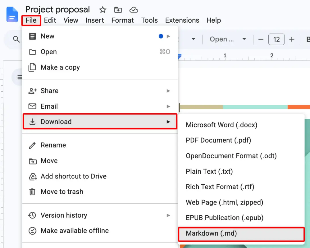 منوی دانلود در گوگل داکس (Google Docs) برای انتخاب فرمت Markdown