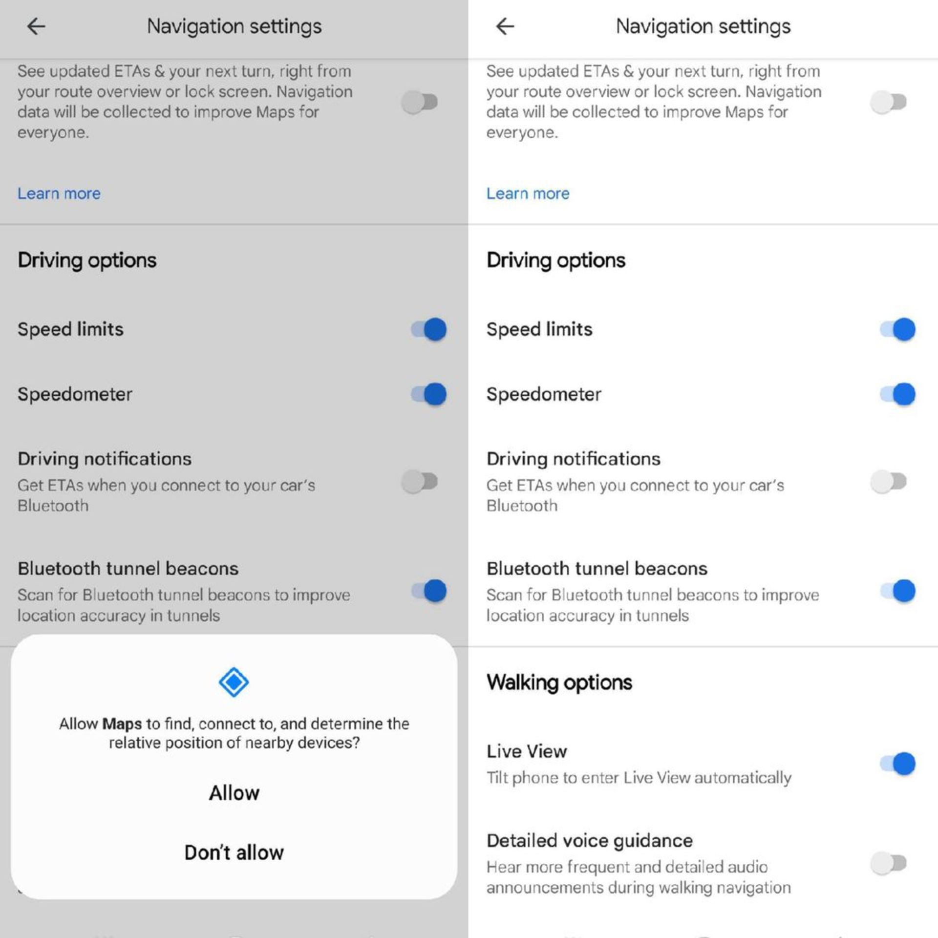 دو اسکرین شات از تنظیمات مربوط به فعال‌سازی قابلیت مسیریابی در تونل‌های اپلیکیشن گوگل مپس 