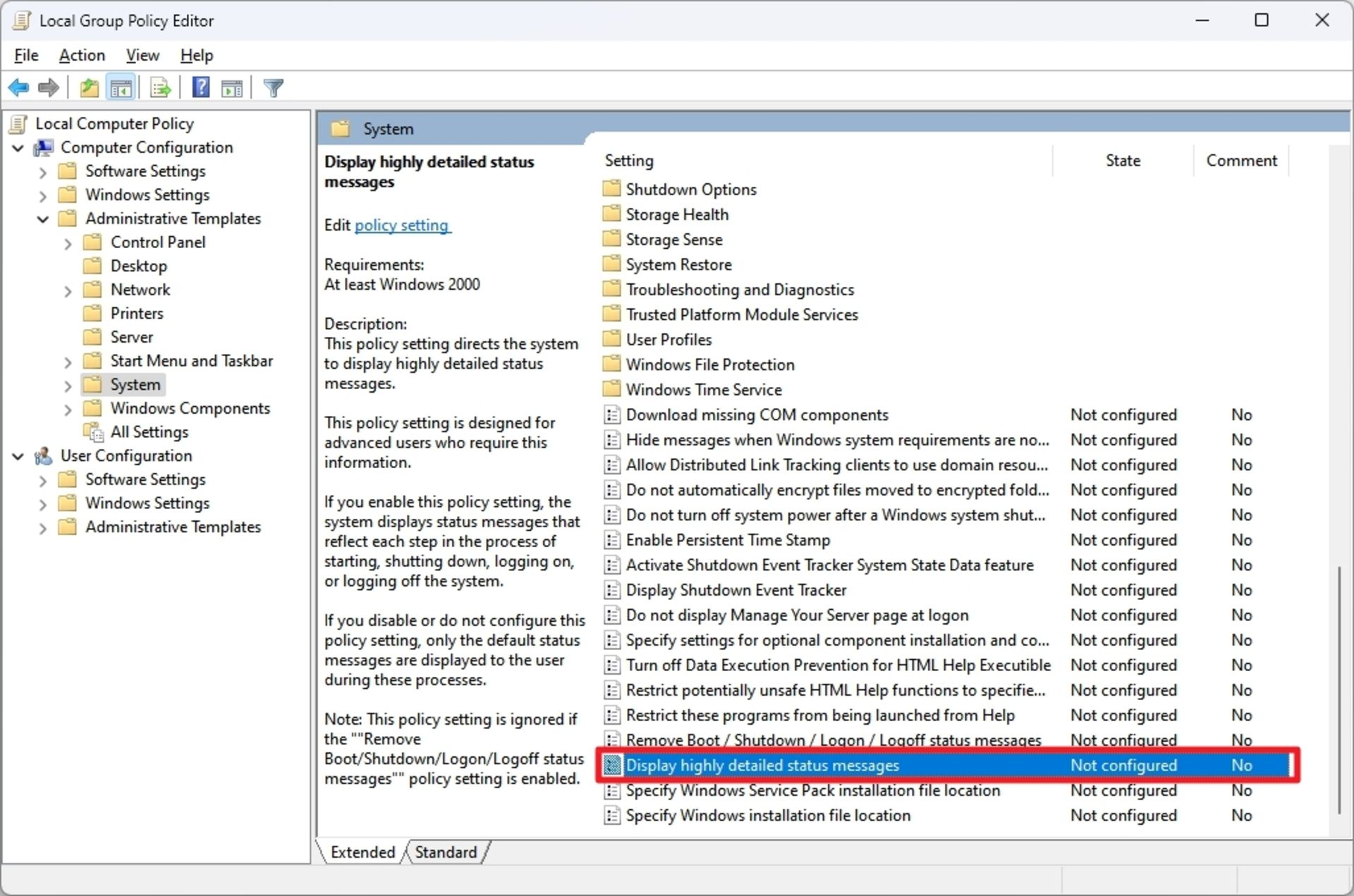 پنجره‌ی Local Group Policy Editor ویندوز و انتخاب گزینه‌ی Display highly detailed status messages در زیرگروه سیستم