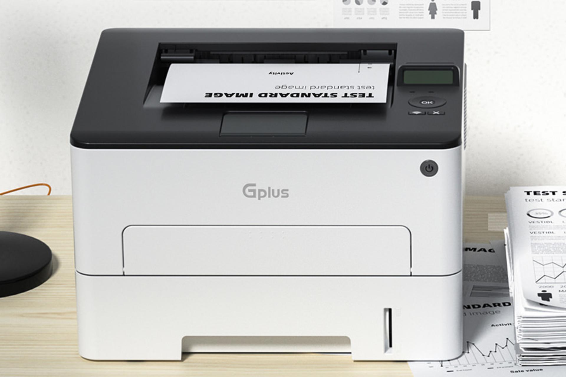 پرینتر جی پلاس Gplus GP-G123DN نمای جلو روی میز