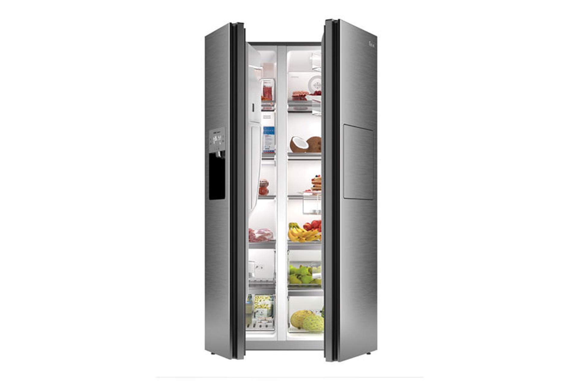 یخچال فریزر جی پلاس Gplus GSS-P7920 نمای جلو درب نیمه باز رنگ استیل