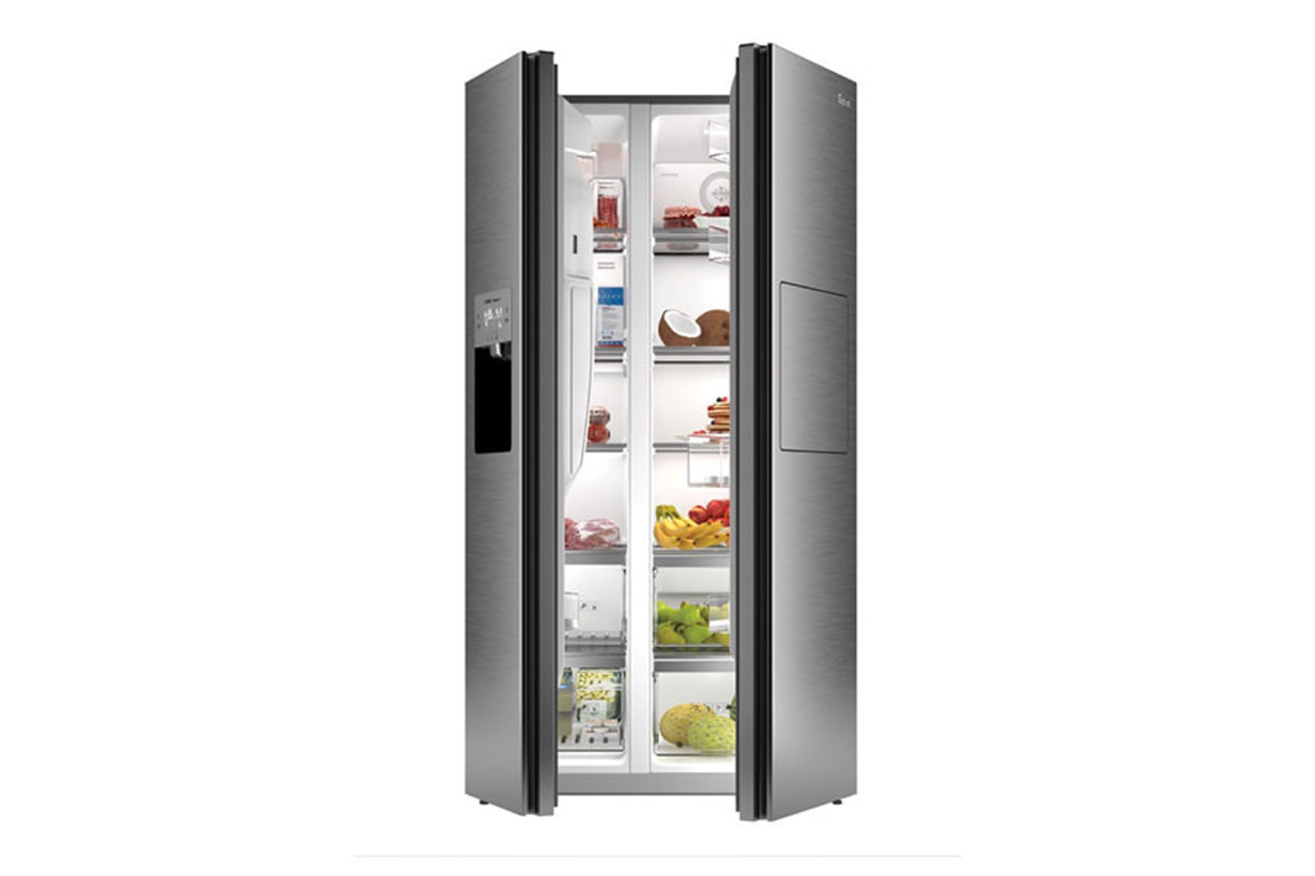 یخچال فریزر جی پلاس Gplus GSS-P7920 نمای جلو درب نیمه باز رنگ استیل