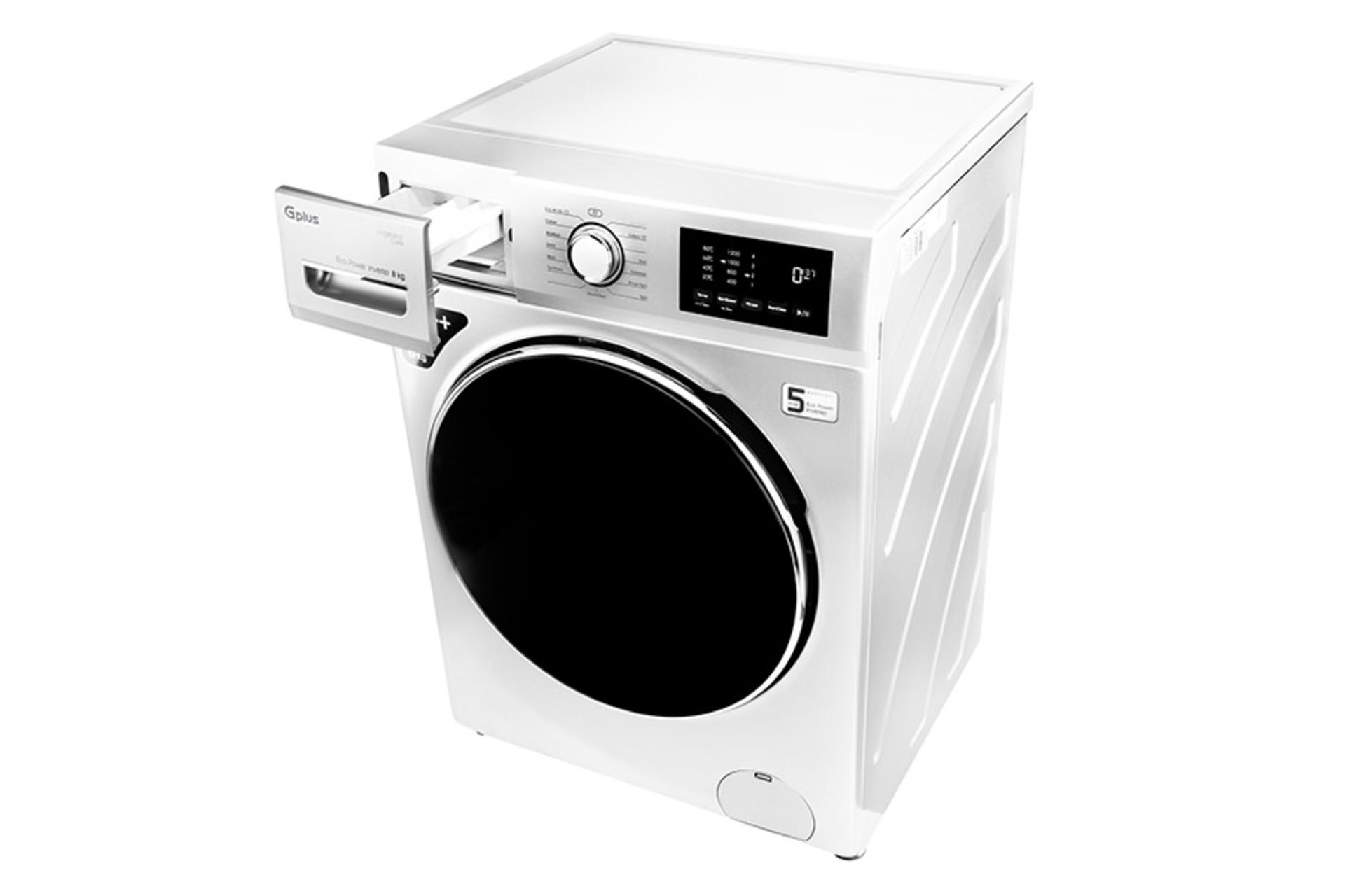 ماشین لباسشویی جی پلاس Gplus GWM-P8220 رنگ سفید نمای بالا کشوی باز شوینده