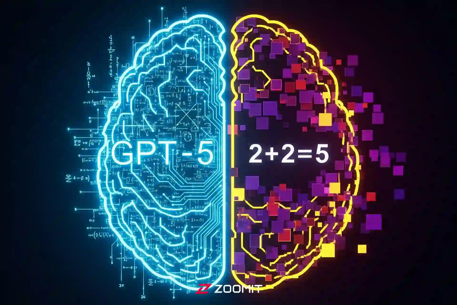 طرح هوش مصنوعی از سمت چپ و راست مغز که رویش GPT-5 و 2+2=5‌ نوشته‌شده