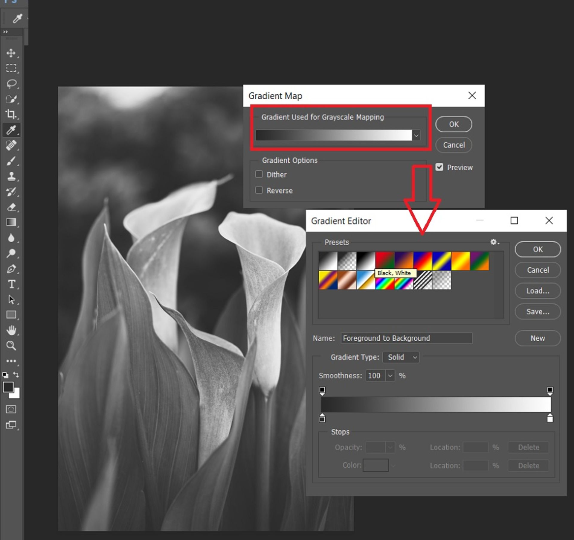 Gradient Map  تبدیل عکس رنگی به سیاه و سفید در فتوشاپ