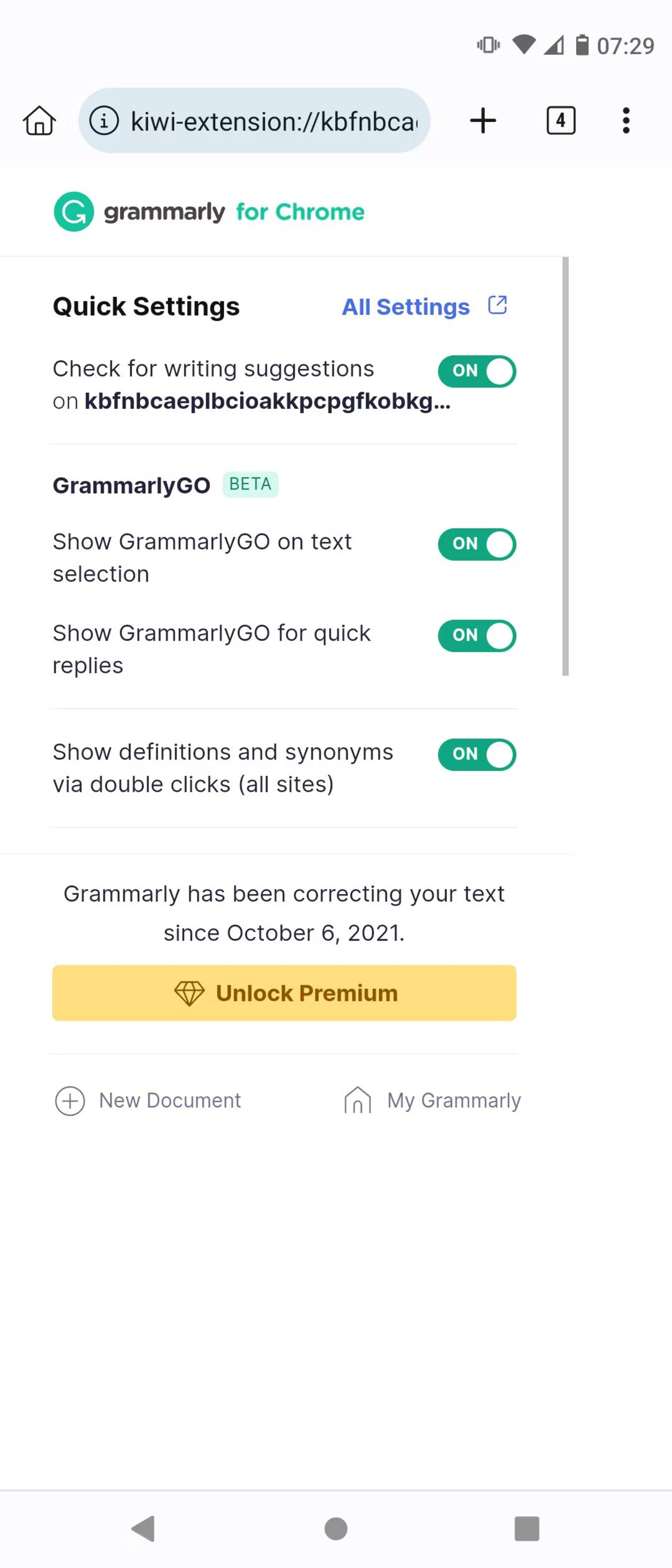 اسکرین‌شات افزونه‌ی Grammarly کروم در اندروید
