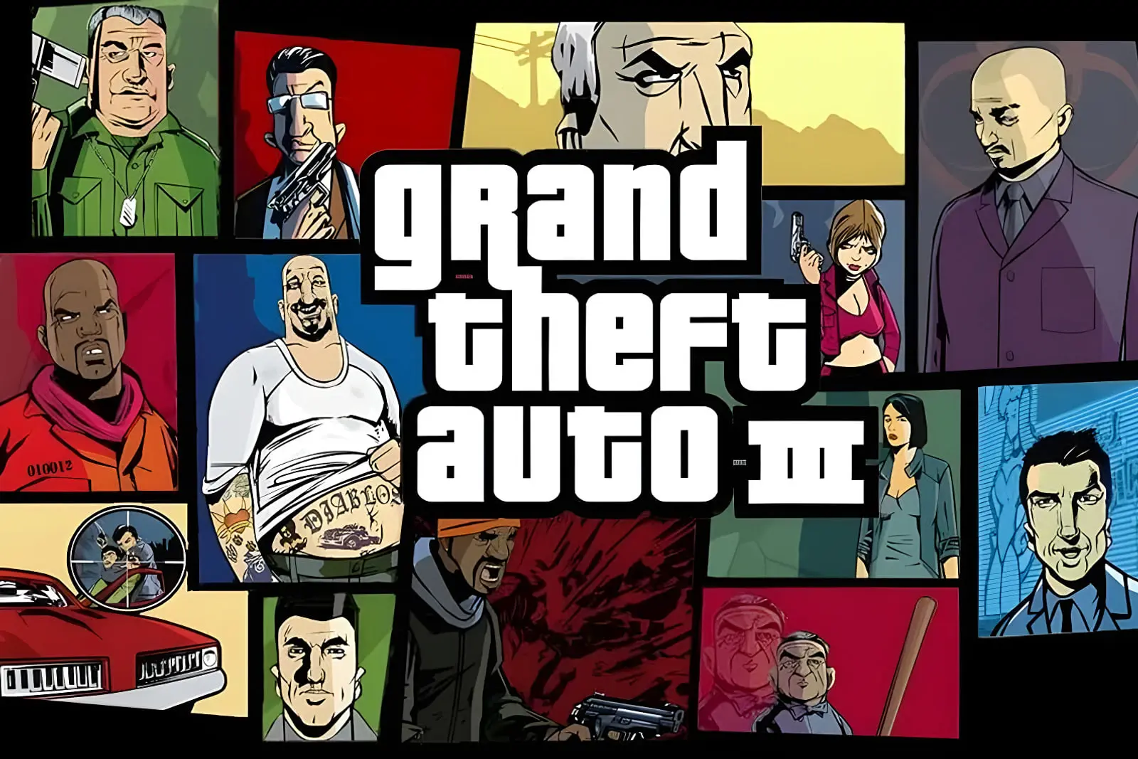 شخصیت‌های مختلف بازی Grand Theft Auto III در قاب‌های رنگی