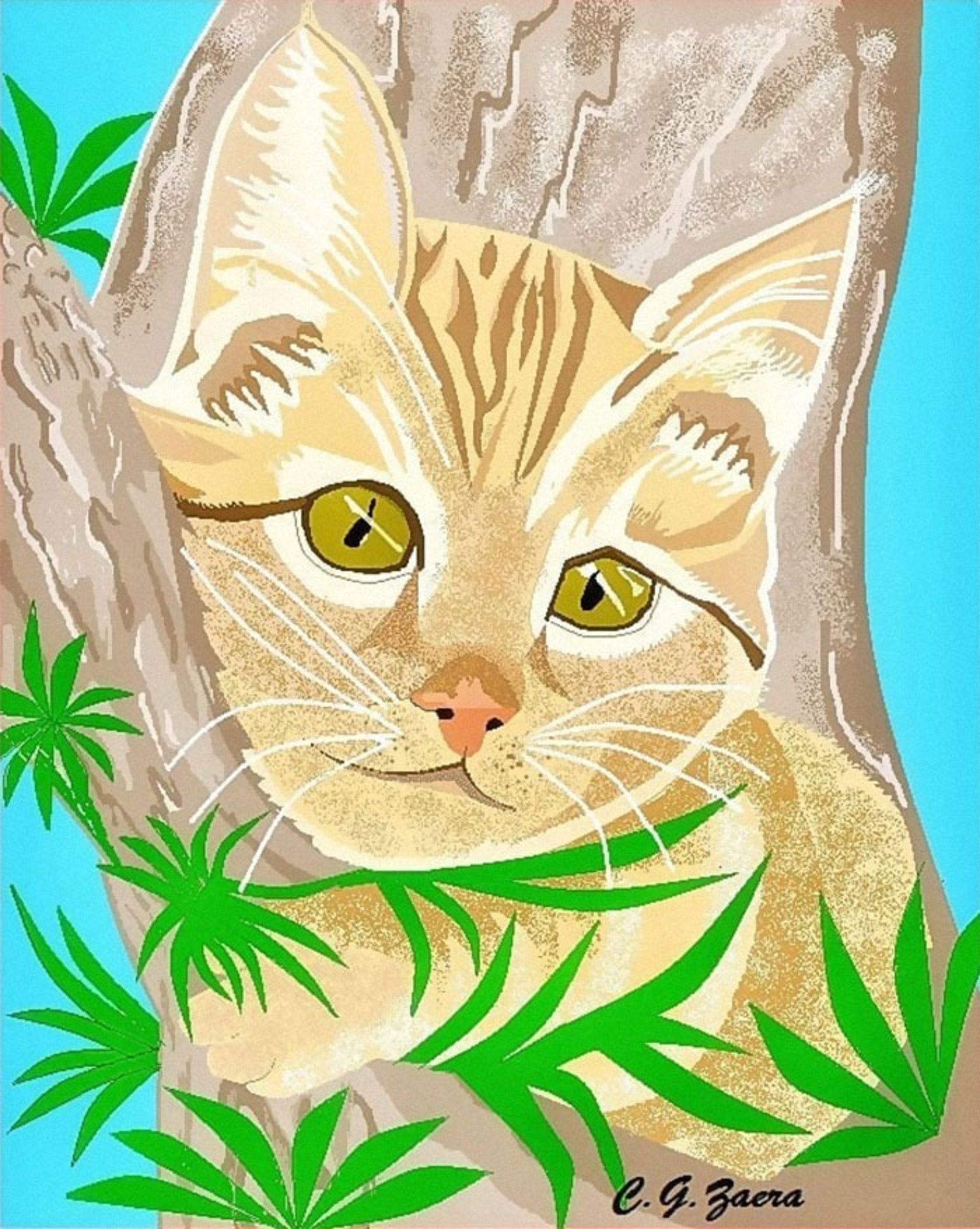 گربه روی درخت طراحی شده با مایکروسافت پینت