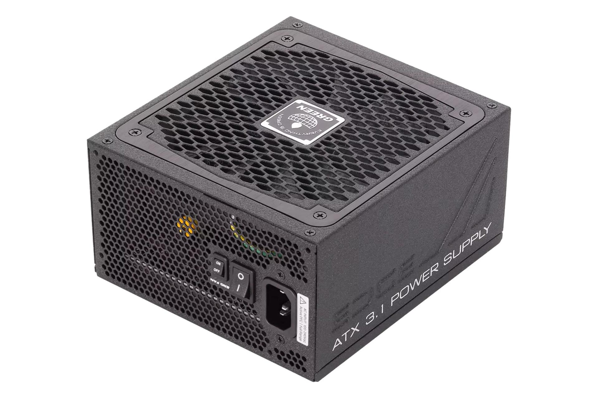 نمای نیمرخ پاور کامپیوتر گرین GP850B-EDGE با توان 850 وات با نمایش پنل کناری و پشت