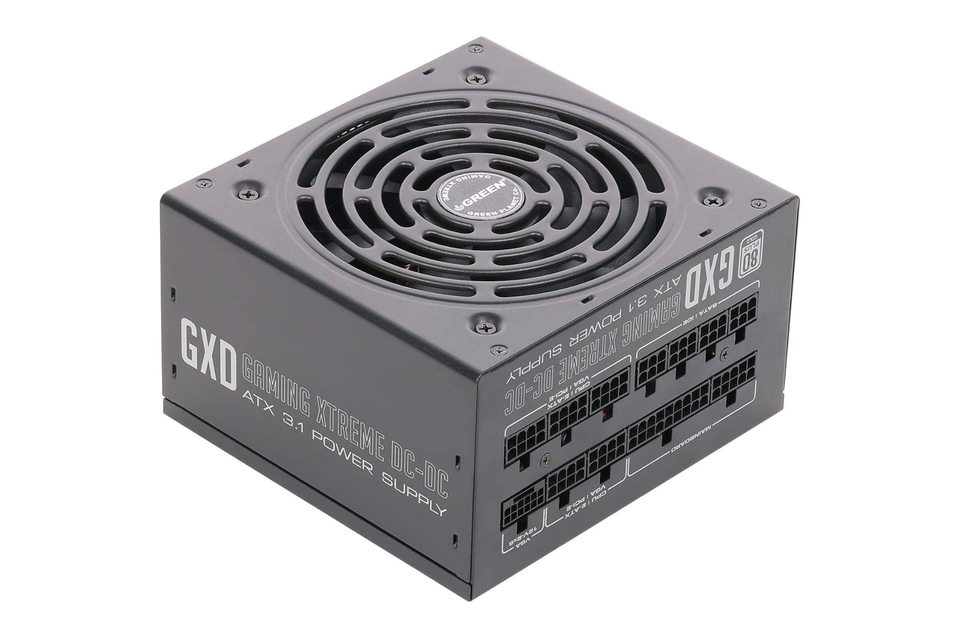 نمای نیمرخ پاور کامپیوتر گرین GP850B-GXD با توان 850 وات با نمایش پنل پشت، بالا و کناری، لوگو و فن و کانکتورها