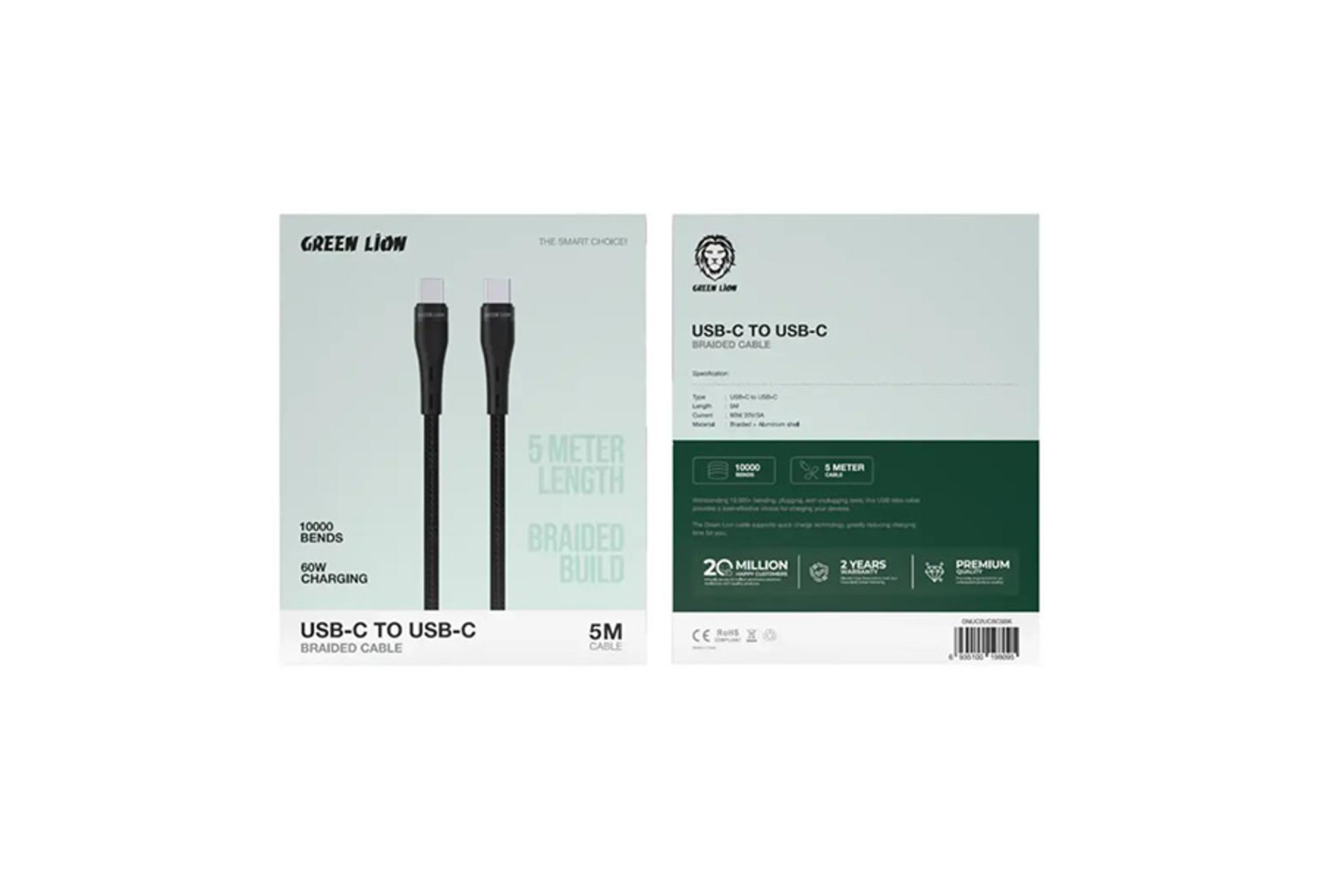 کابل شارژ گرین لاین Green Lion Braided Type-C to Type-C 5m نمای بسته بندی