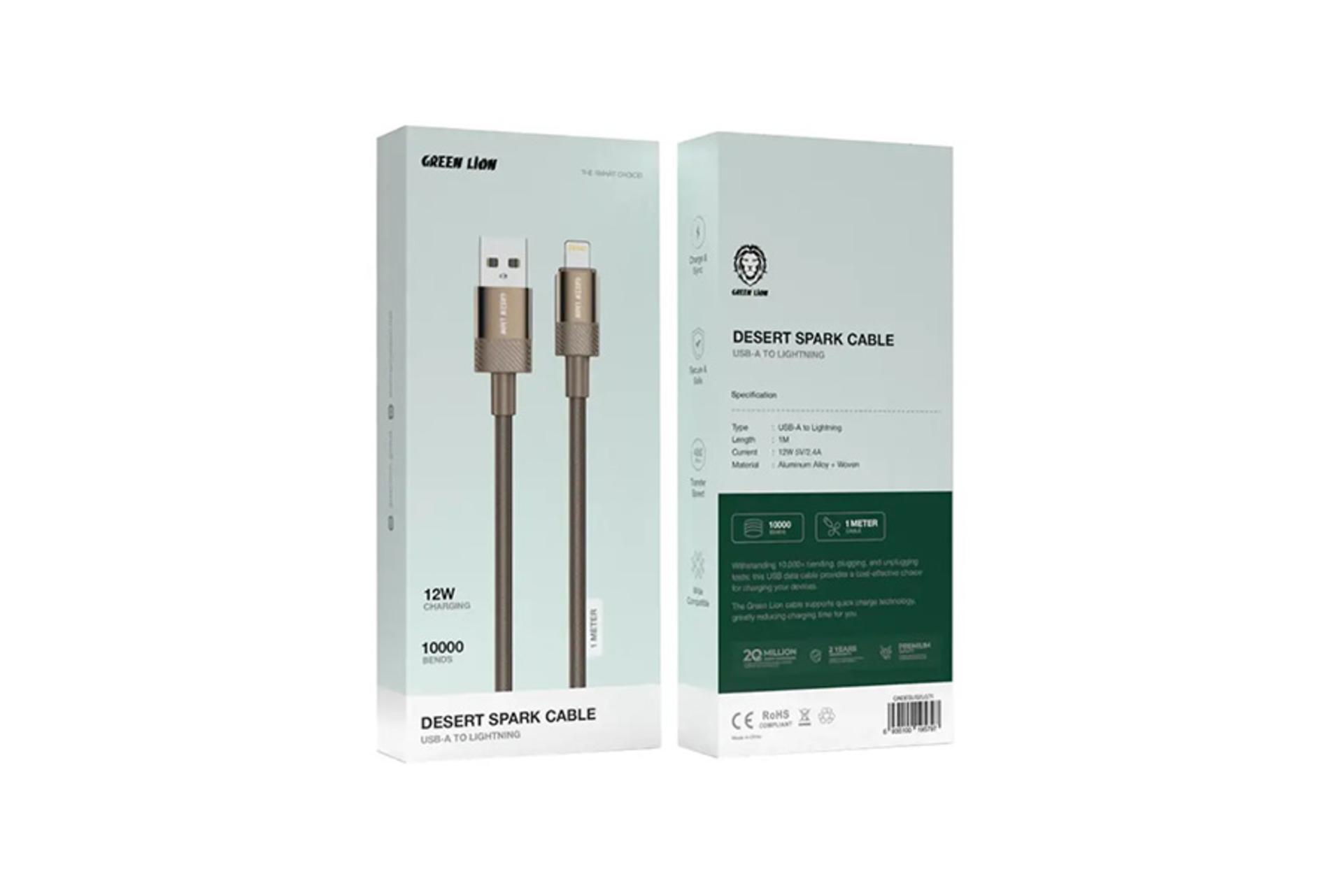 کابل شارژ گرین لاین Green Lion Desert Spark Type-A to Lightning 1m نمای بسته بندی