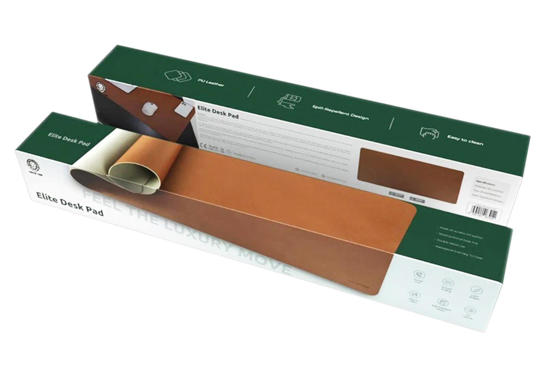ماوس پد گرین لیون elite desk leather بسته بندی از نمای پرسپکتیو