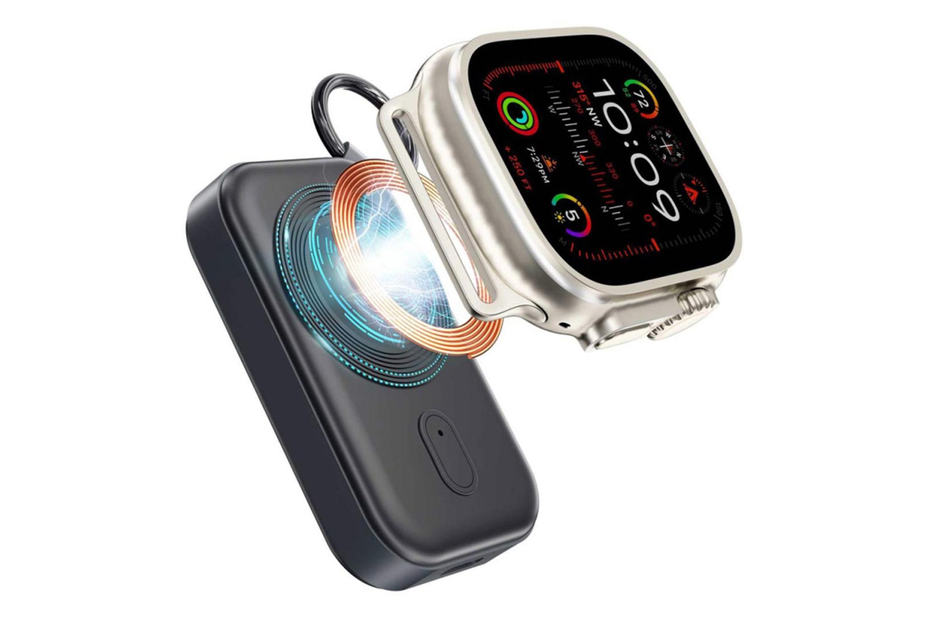 ابعاد پاور بانک گرین لیون Green Lion IWatch 1200mAh در کنار ساعت هوشمند