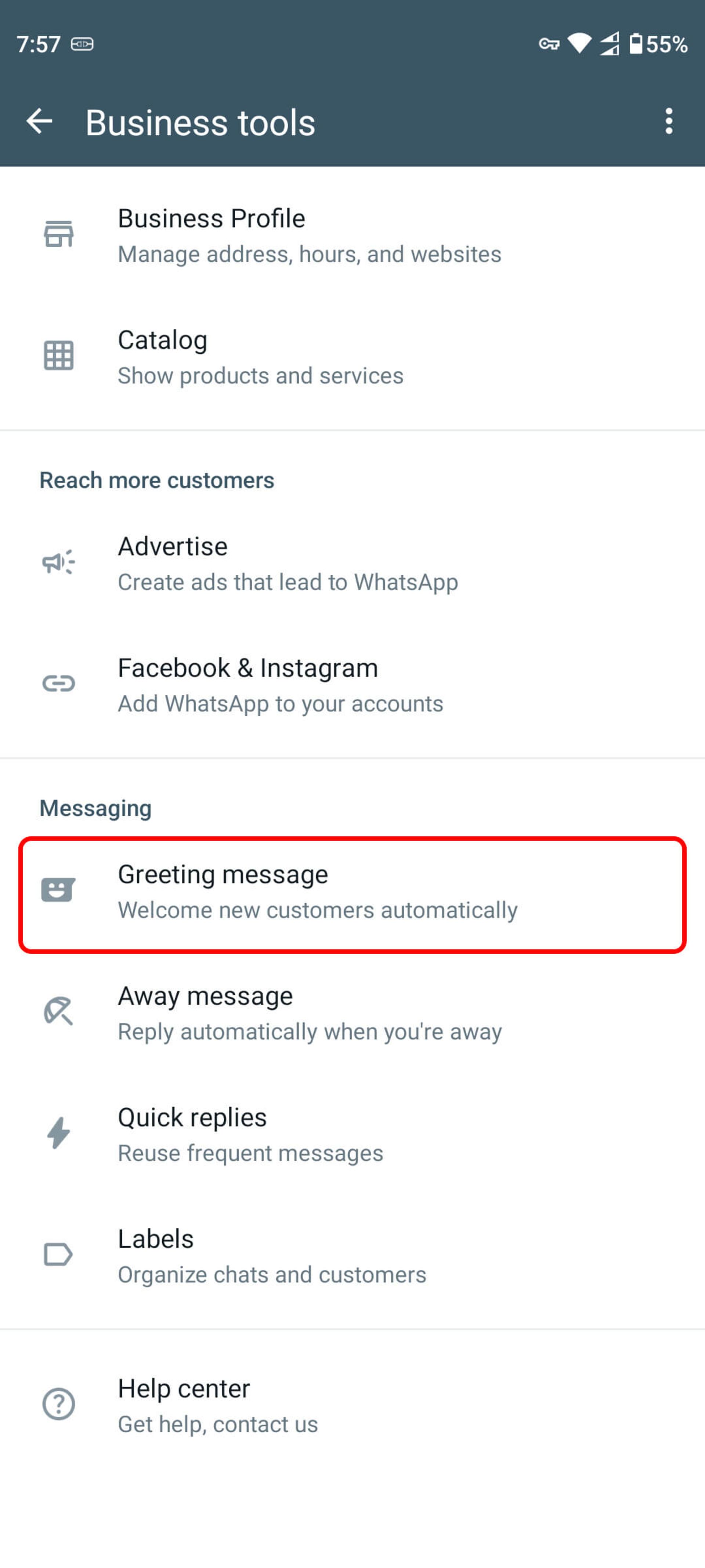 انتخاب Greeting message در واتساپ بیزینس